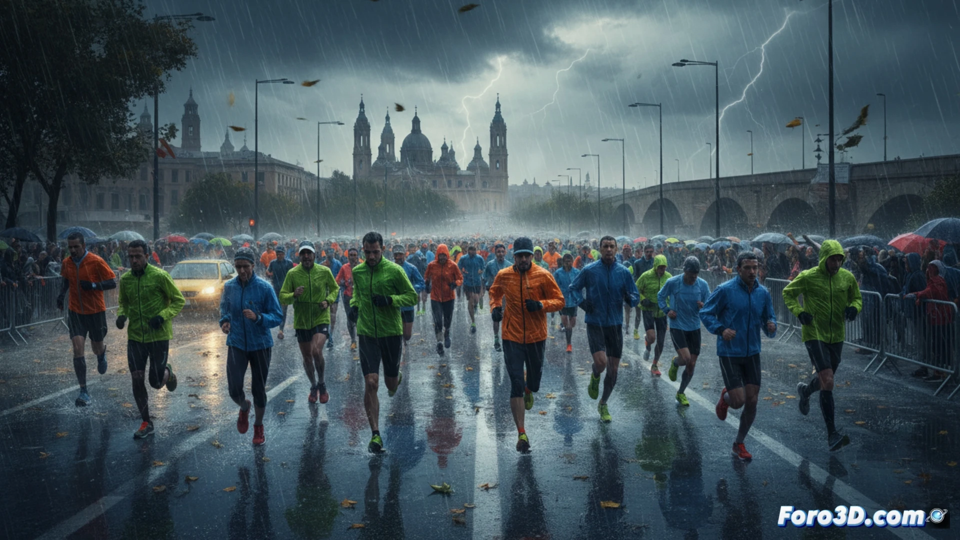 Una multitud de corredores avanza bajo la lluvia y el viento en las calles mojadas de Zaragoza.