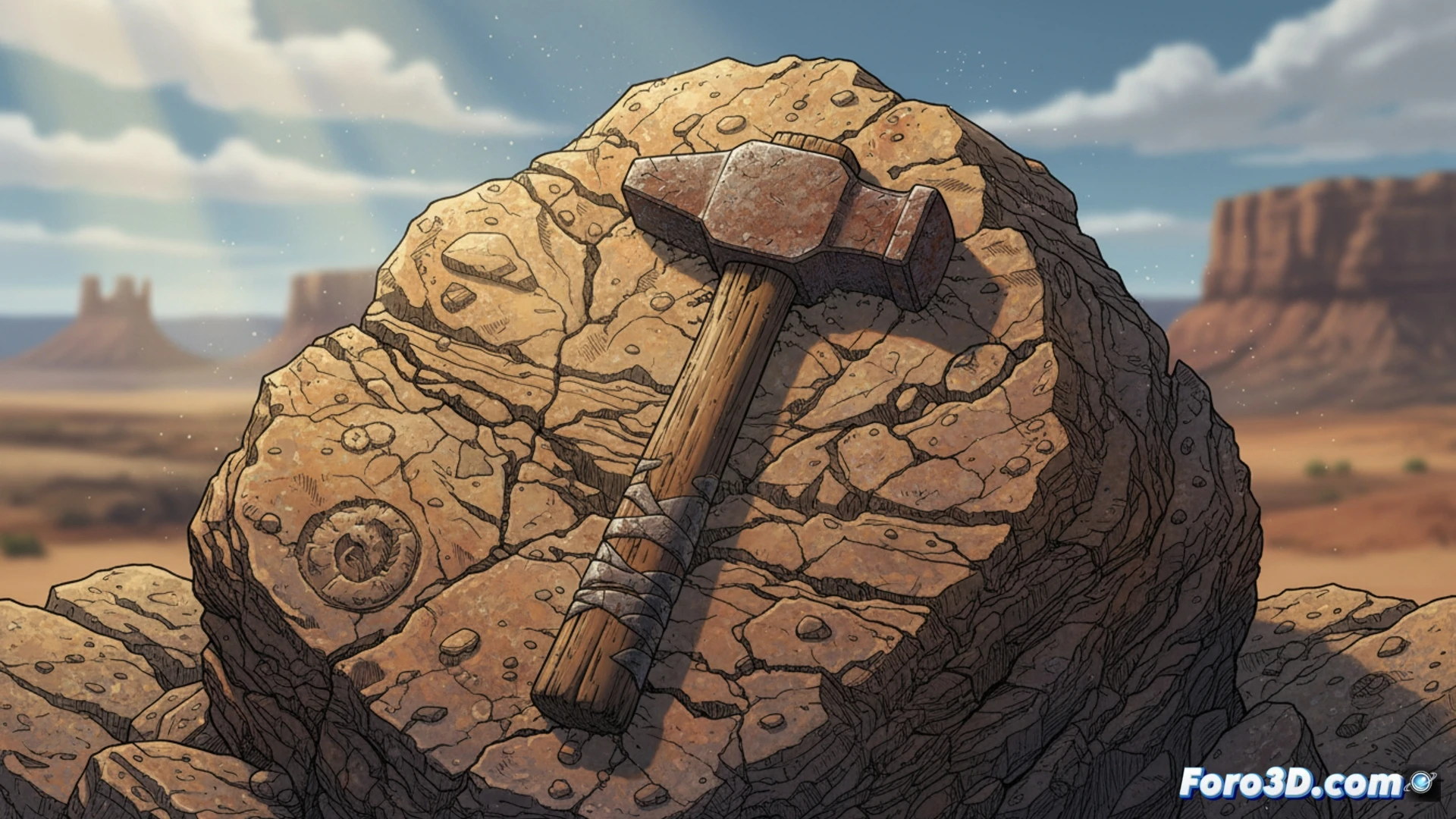 Modelo 3D de un martillo incrustado en roca, generado mediante fotogrametría para su análisis arqueológico digital.