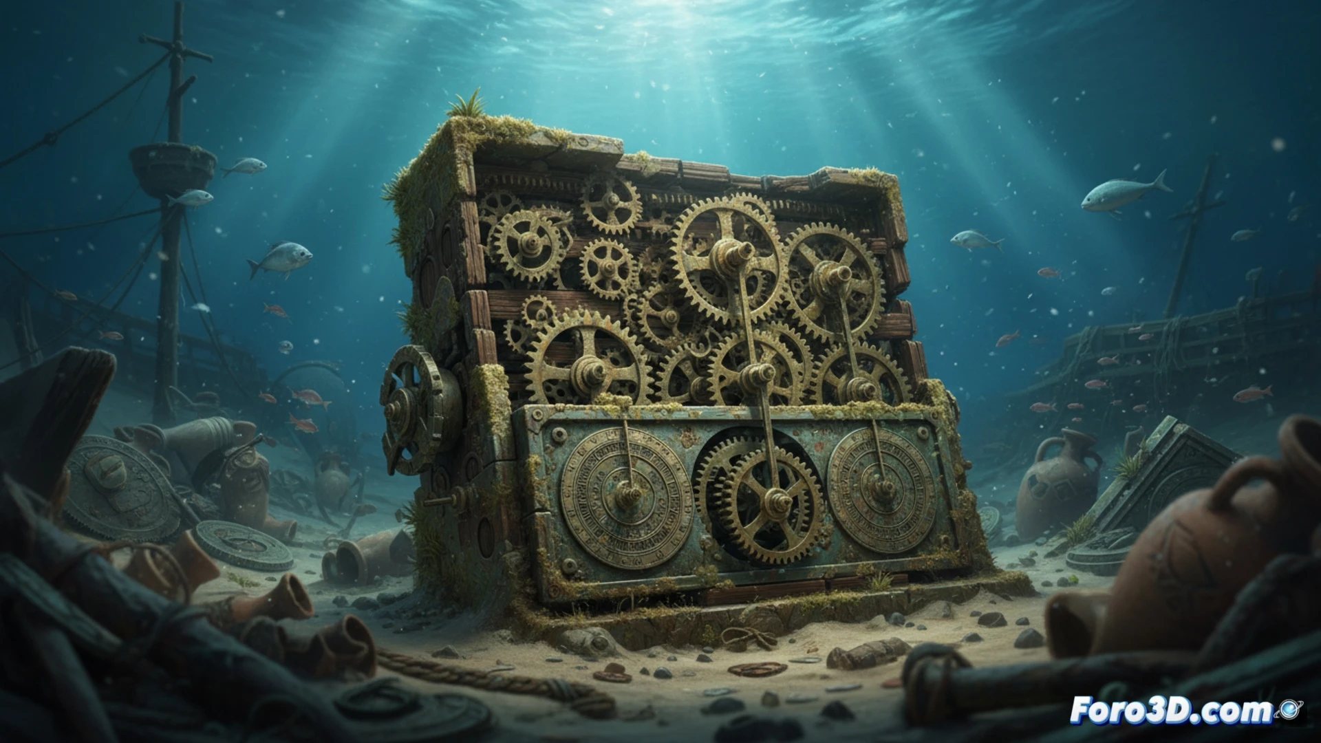 Un antiguo mecanismo de bronce con intrincados engranajes griegos, calculando el cosmos.