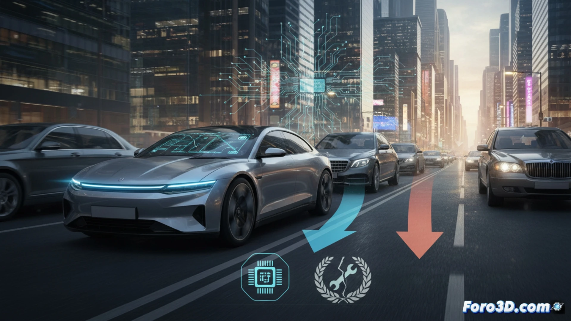 Un mapa con un auto alemán retrocediendo y un auto chino avanzando, sobre gráficos de mercado en descenso y ascenso.