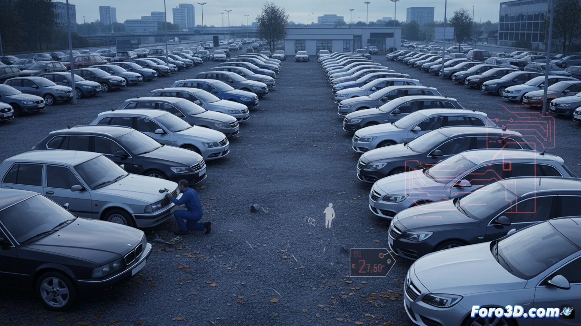 Una berlina diésel alemana en un lote de ocasión, con un cartel de 'venta' y herramientas cerca sugiriendo mantenimiento.