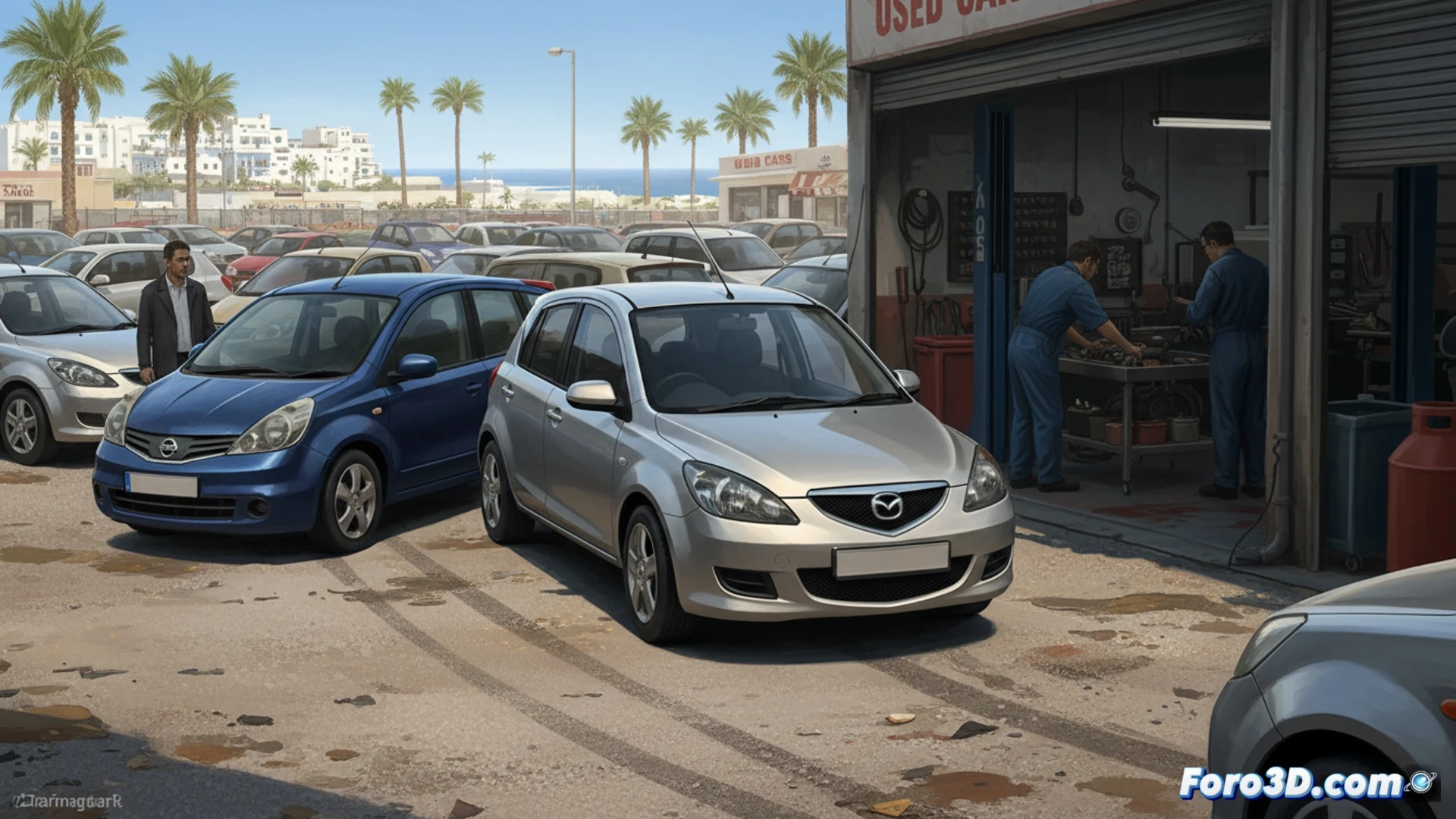 Un Mazda Demio y un Nissan Note en un taller chipriato, rodeados de herramientas y repuestos.