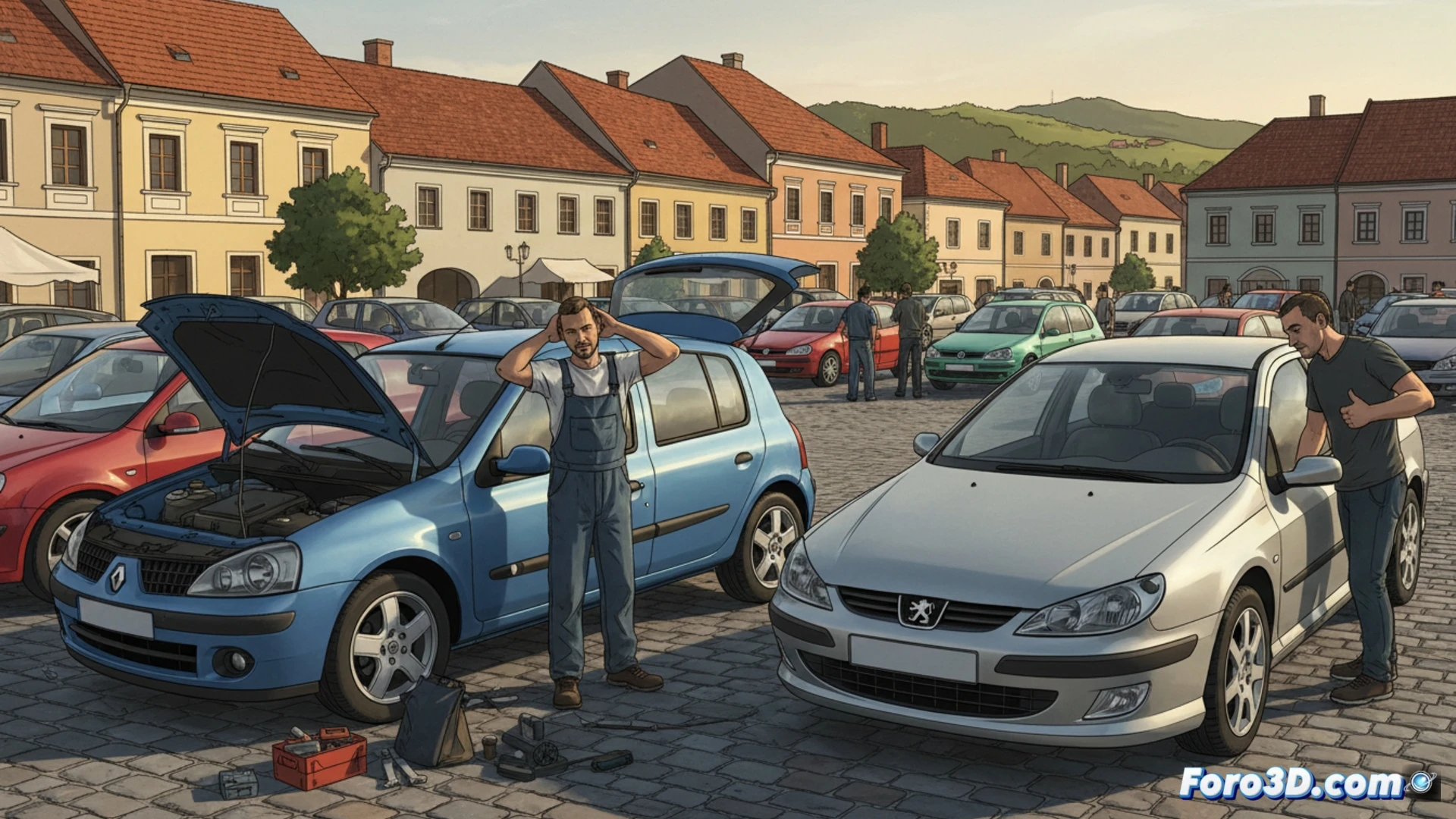 Un Renault Clio y un Peugeot 407 estacionados frente a un taller en un paisaje esloveno.