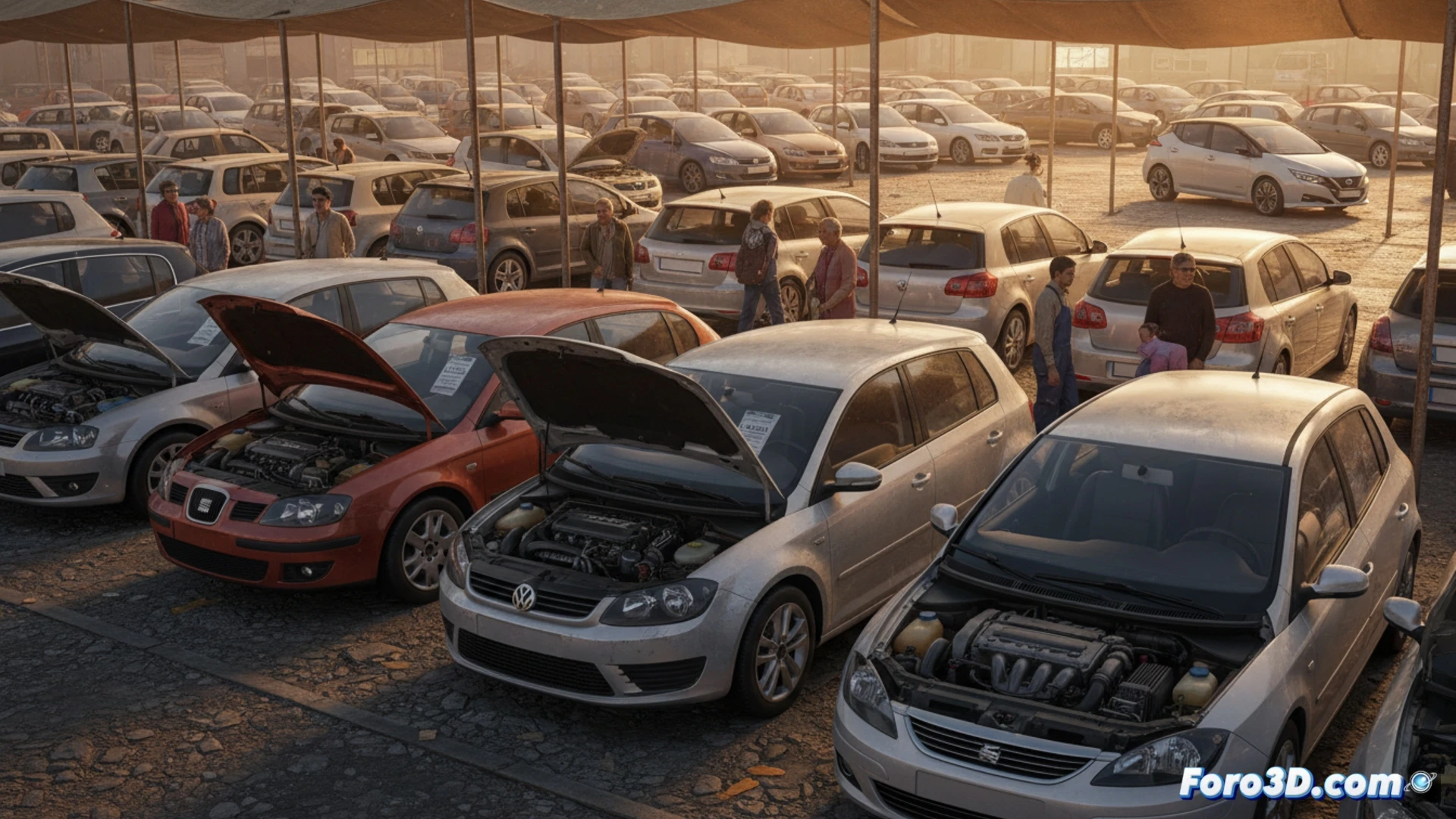 Un concesionario de coches usados lleno de compactos de cinco puertas veteranos, predominando modelos diésel.