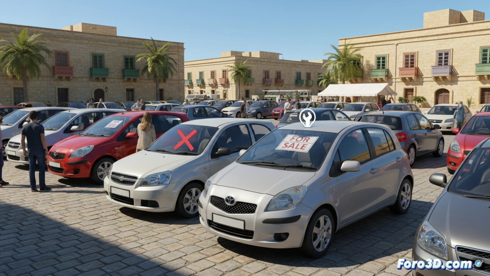 Una calle maltesa con un Toyota Vitz y un Chevrolet Aveo aparcados, símbolos del mercado de ocasión local.