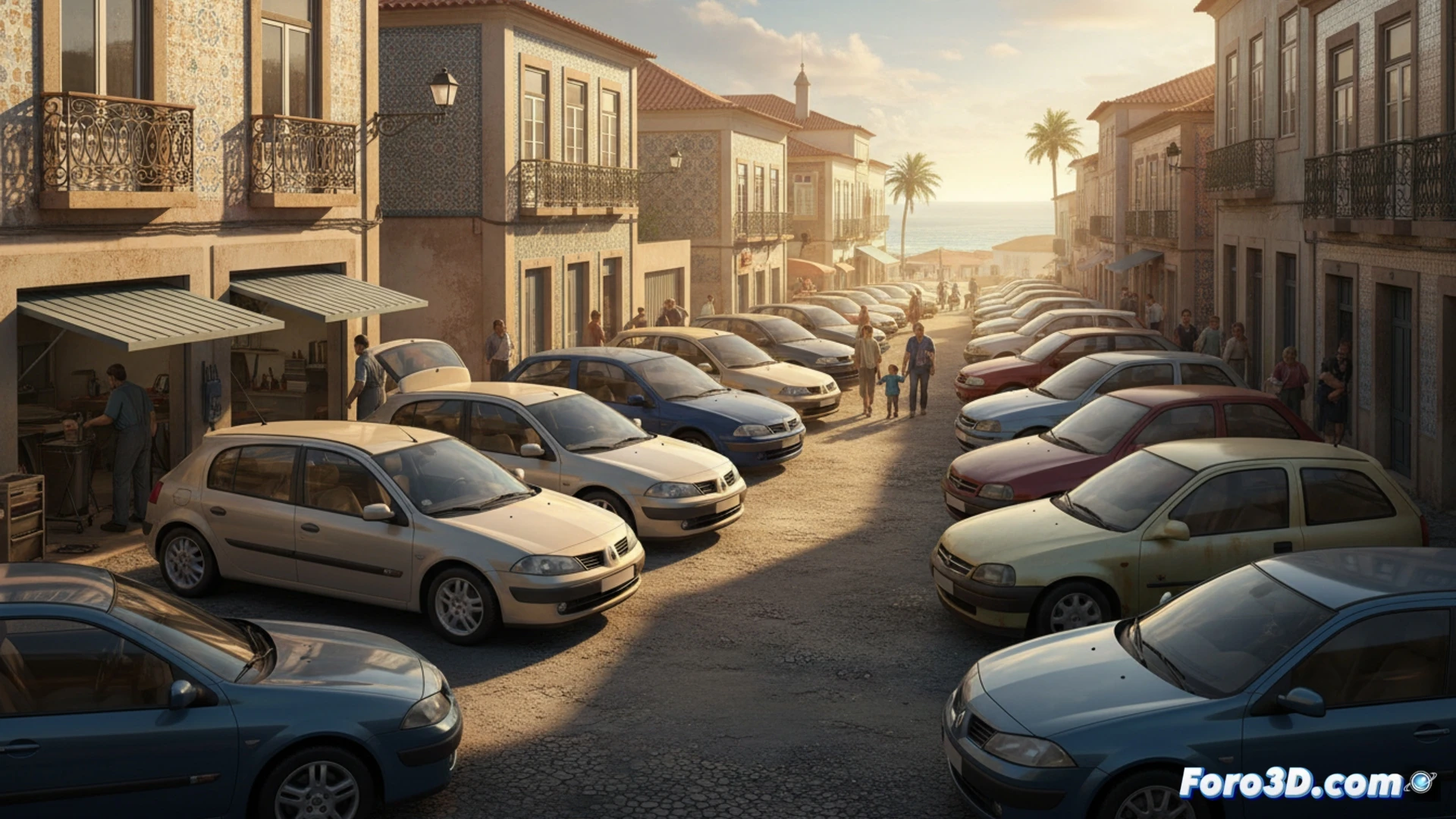 Un compacto diésel usado, con signos de desgaste, aparcado frente a un taller mecánico.