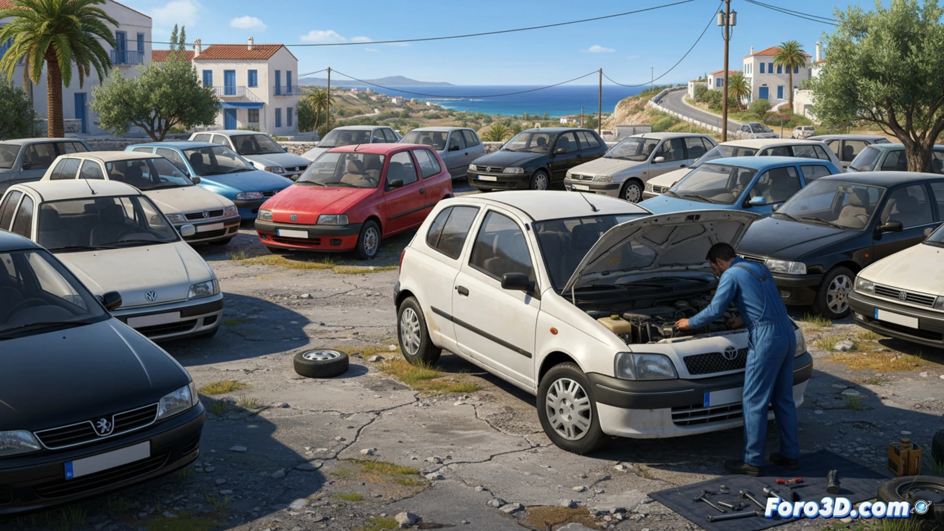 Un Yaris en un taller mecánico, frente a un Fiat Punto abandonado en un solar, simbolizando su diferente suerte en el mercado griego de ocasión.