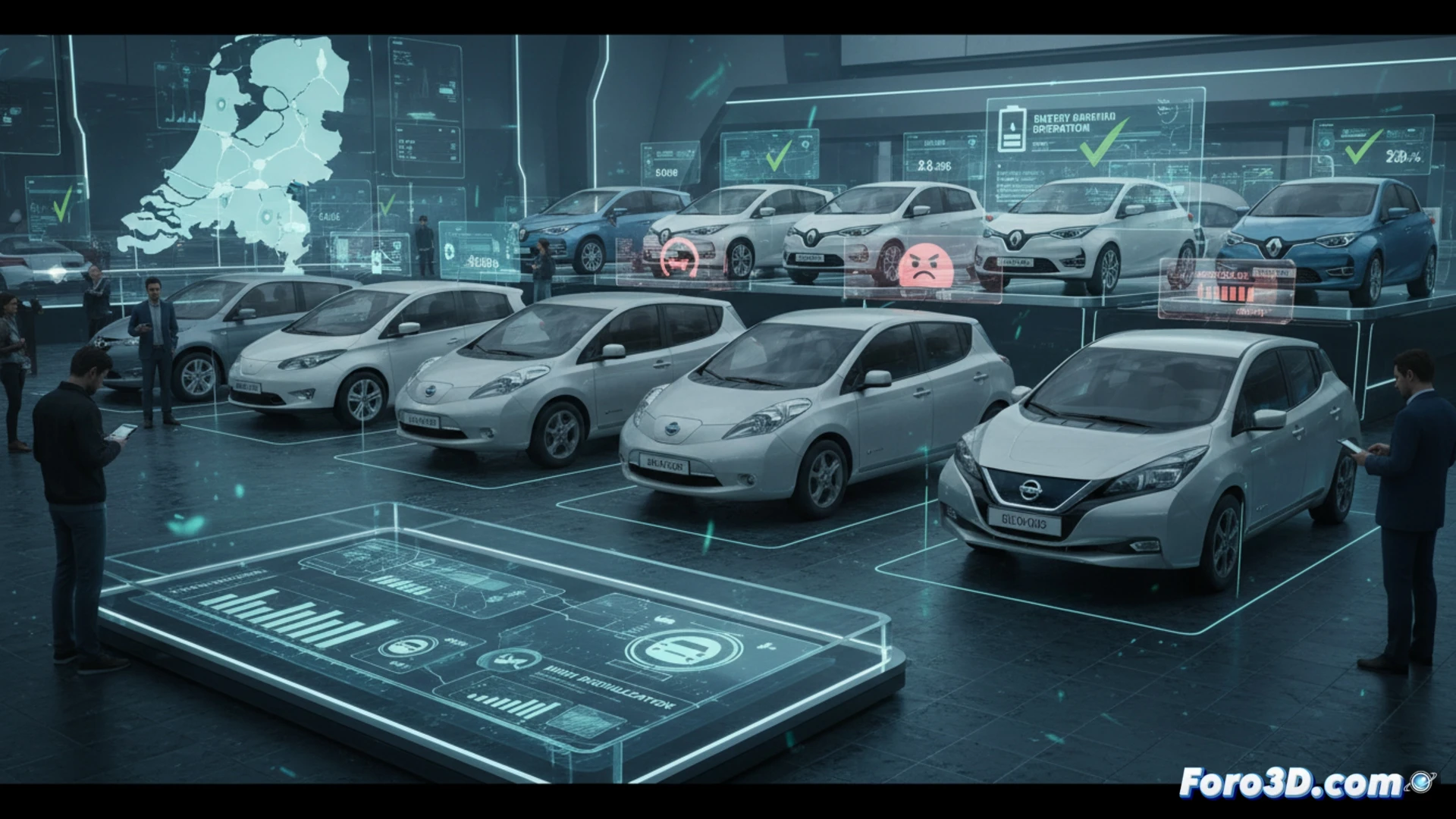 Un concesionario holandés con coches eléctricos e híbridos de ocasión en primer plano, mostrando etiquetas digitales de precios.