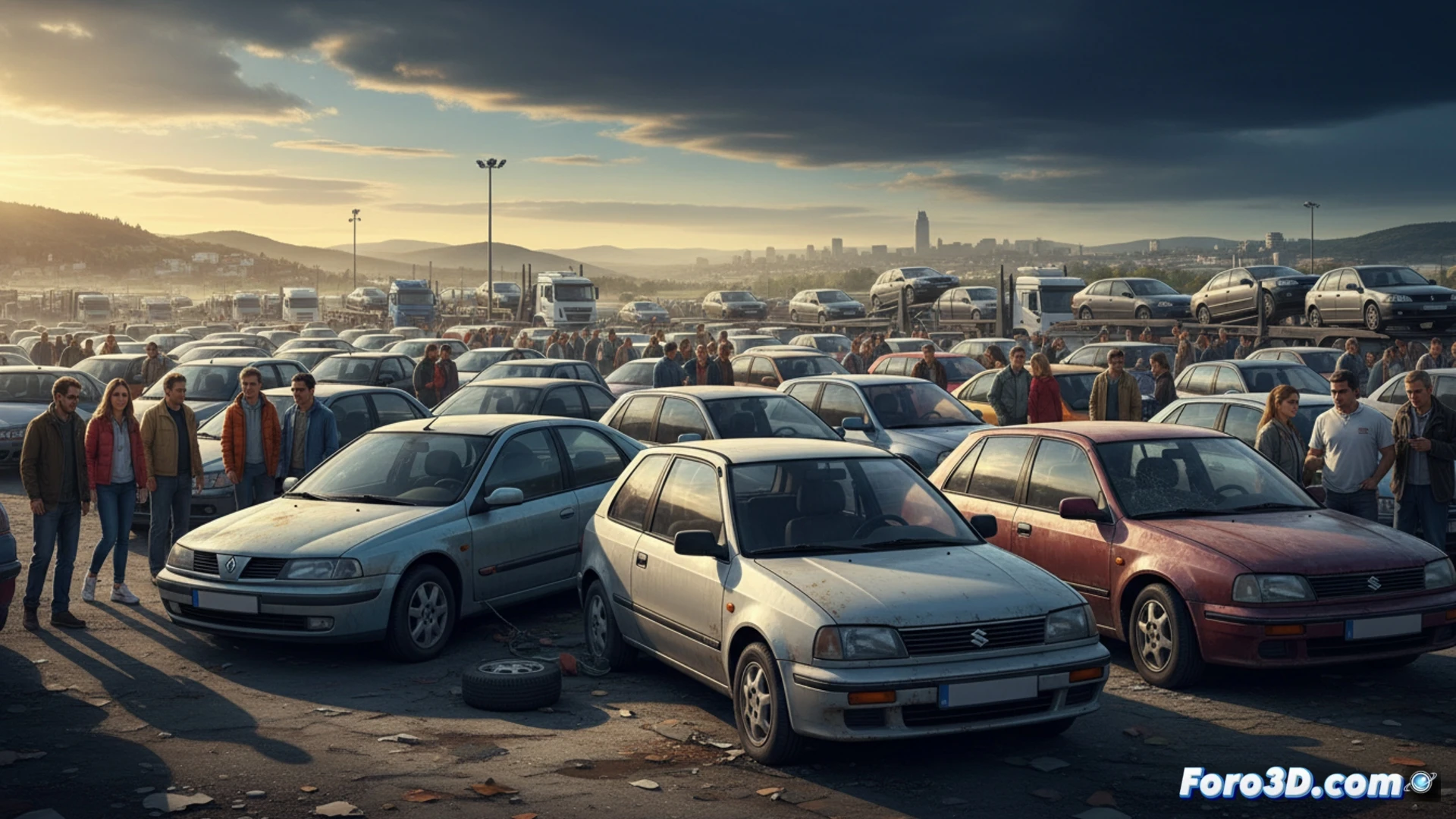 Un Suzuki Swift y un Renault Laguna usados, en un lote de venta con carteles de precios en florines húngaros.