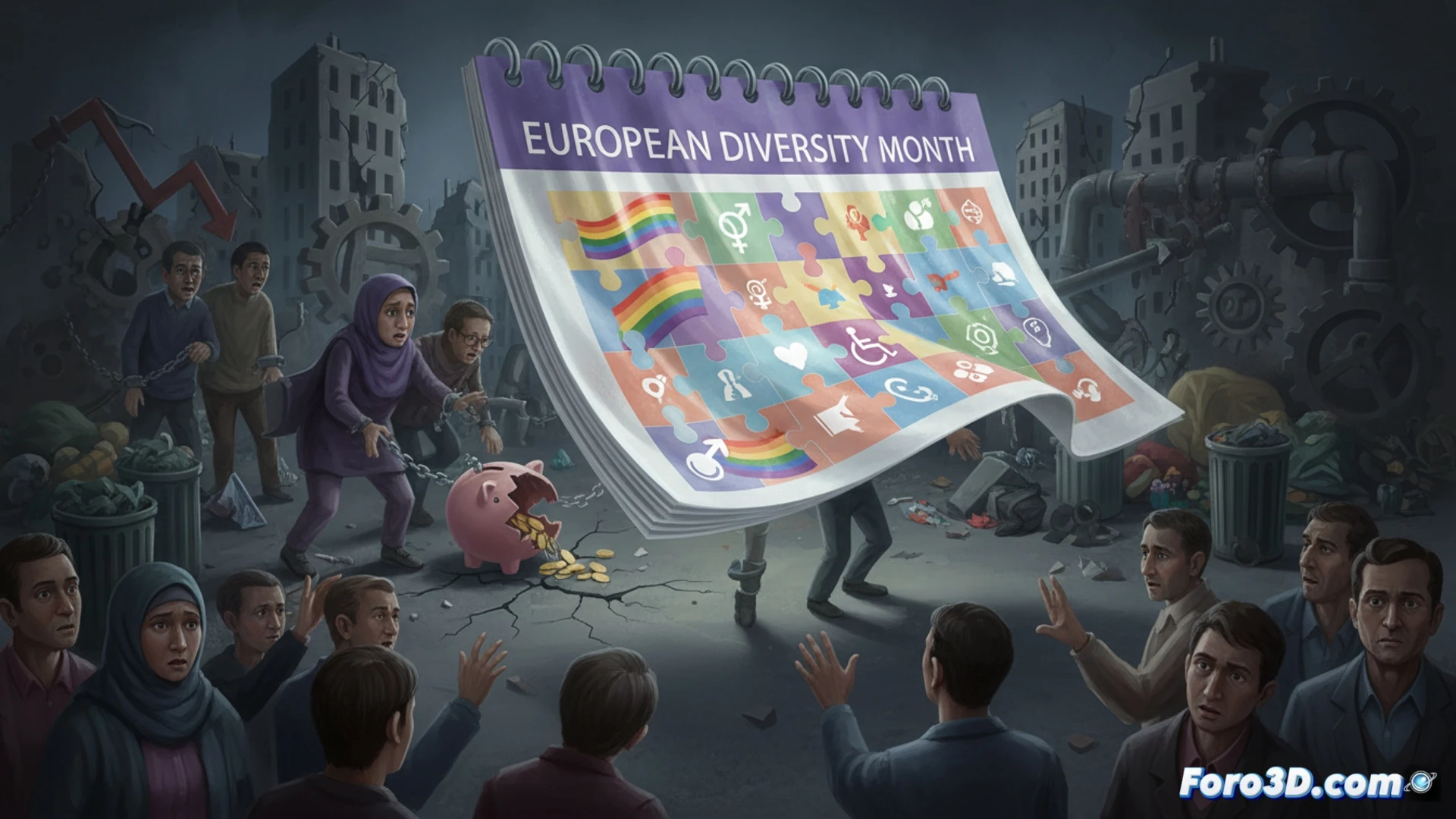 Una mano sostiene un velo con banderas diversas, tras él se difuminan gráficos de crisis económica y tecnológica.