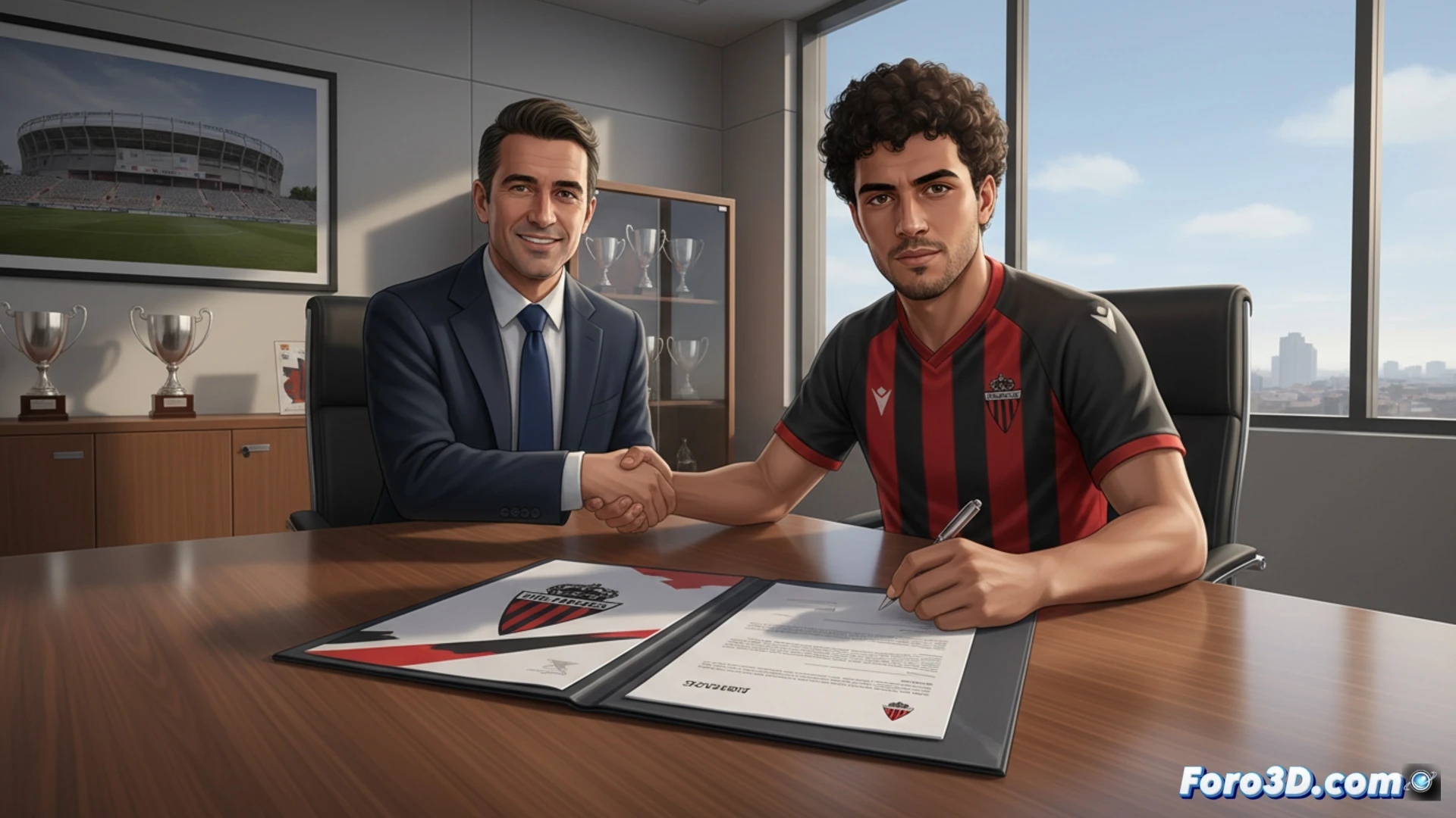 Unax del Cura firma su renovación con el CD Mirandés, sonriente y sujetando la camiseta del club.