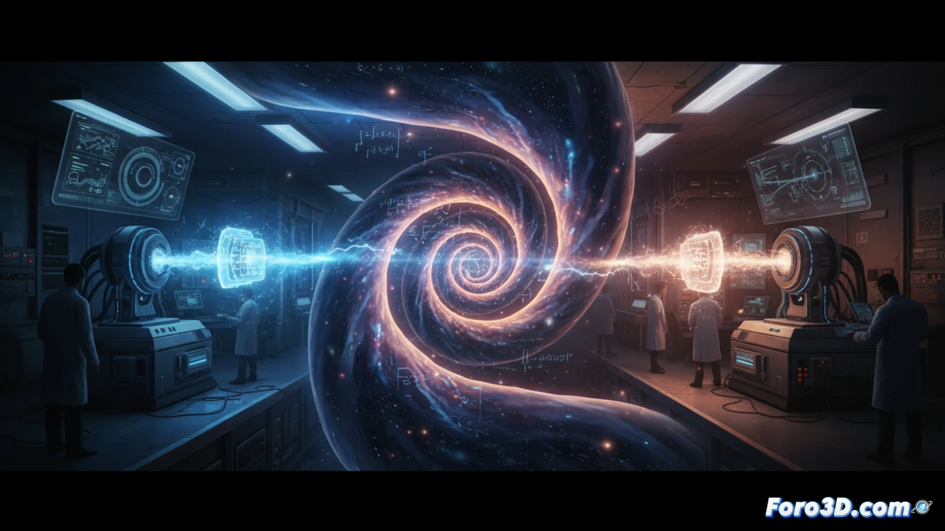 Físicos del MIT en laboratorio futurista, con fotones curvando el tiempo hacia un reloj invertido y estática visual.