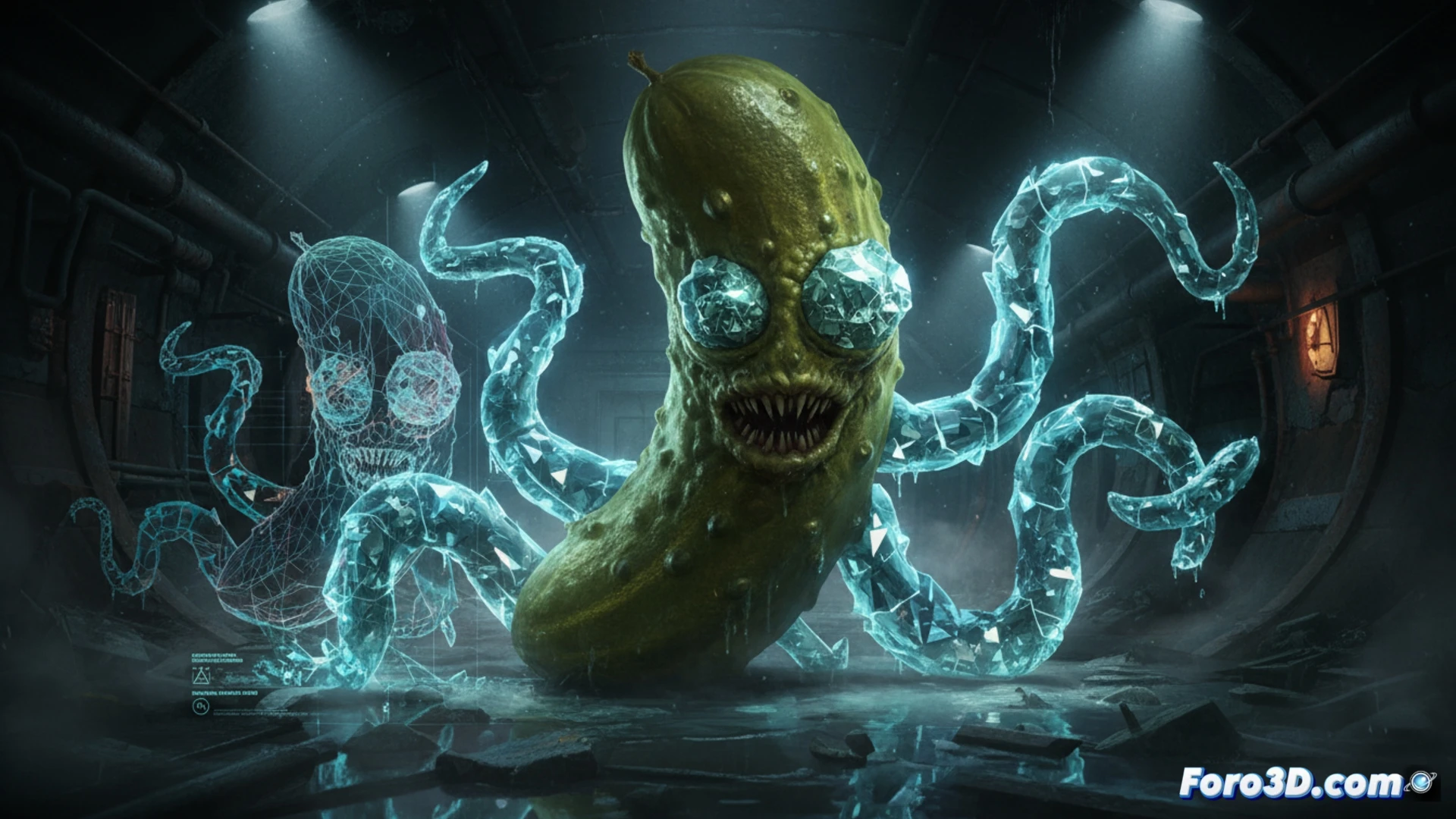 Un monstruo de tentáculos dinámicos y cristal fracturado, creado mediante innovadores flujos de trabajo digitales para un aspecto perturbador.