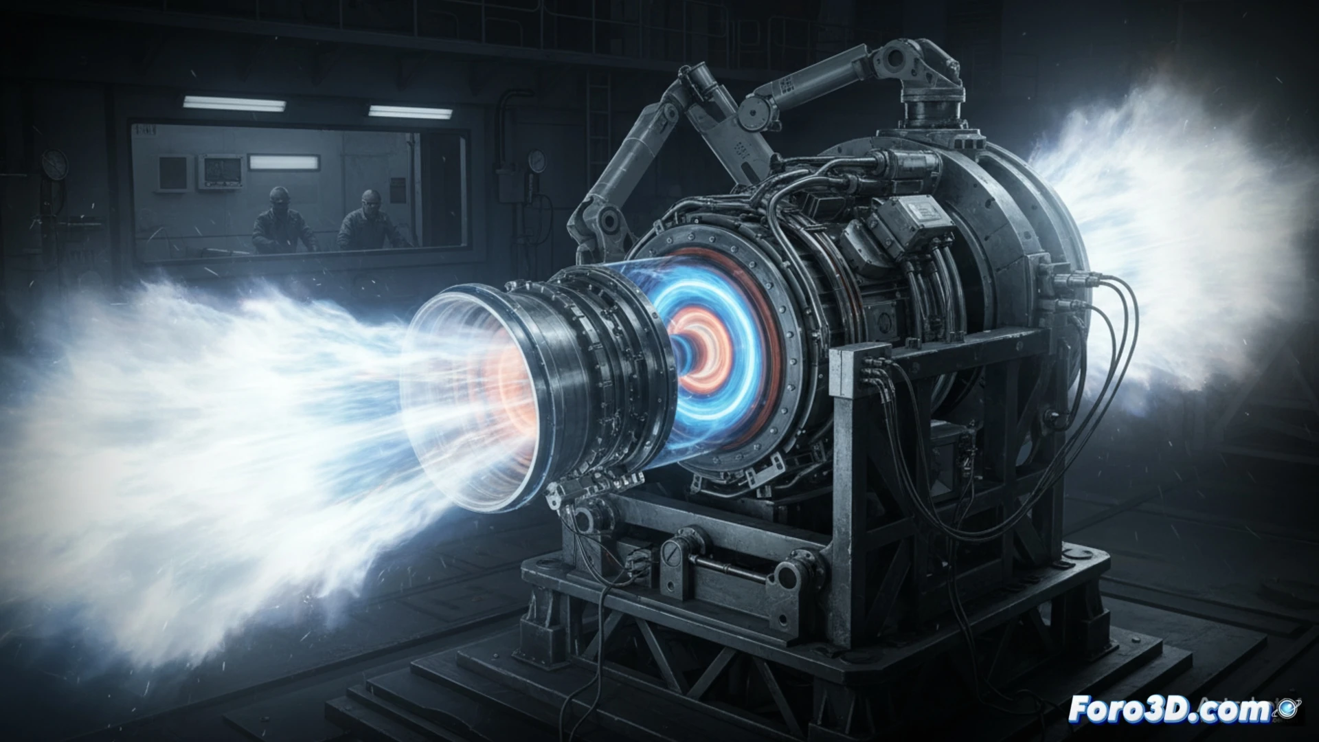 Prueba del motor Chakram en la NASA, con llamas azules y naranjas rugiendo desde un propulsor rotatorio sobre un banco de ensayos metálico, rodeado de ingenieros observando.