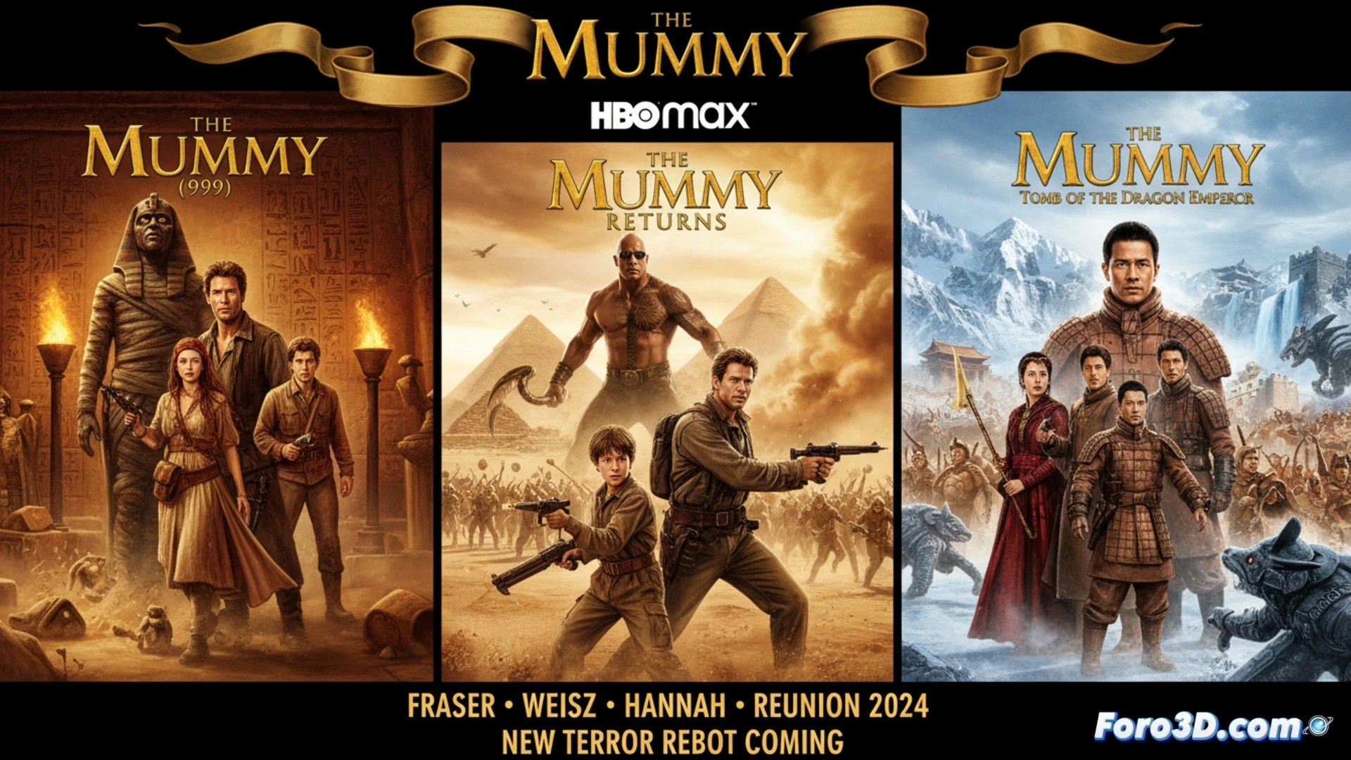 Un primer plano de Rick O Connell con expresión de sorpresa, con el fondo de una pirámide y efectos de luz antigua.