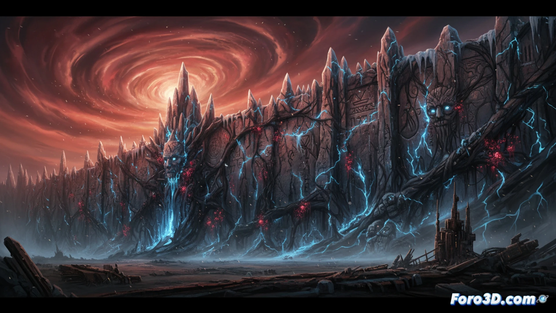 Un muro infinito y orgánico del Upside Down, con texturas vivas y una escala que abruma a los personajes.