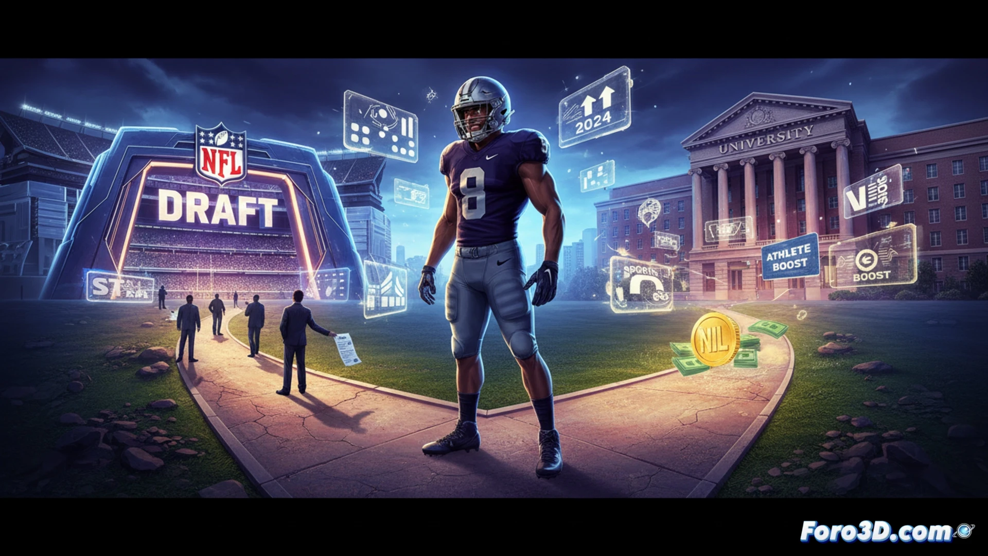 Un jugador universitario firma contratos NIL en su campus, mientras el draft espera en el horizonte con billetes volando.
