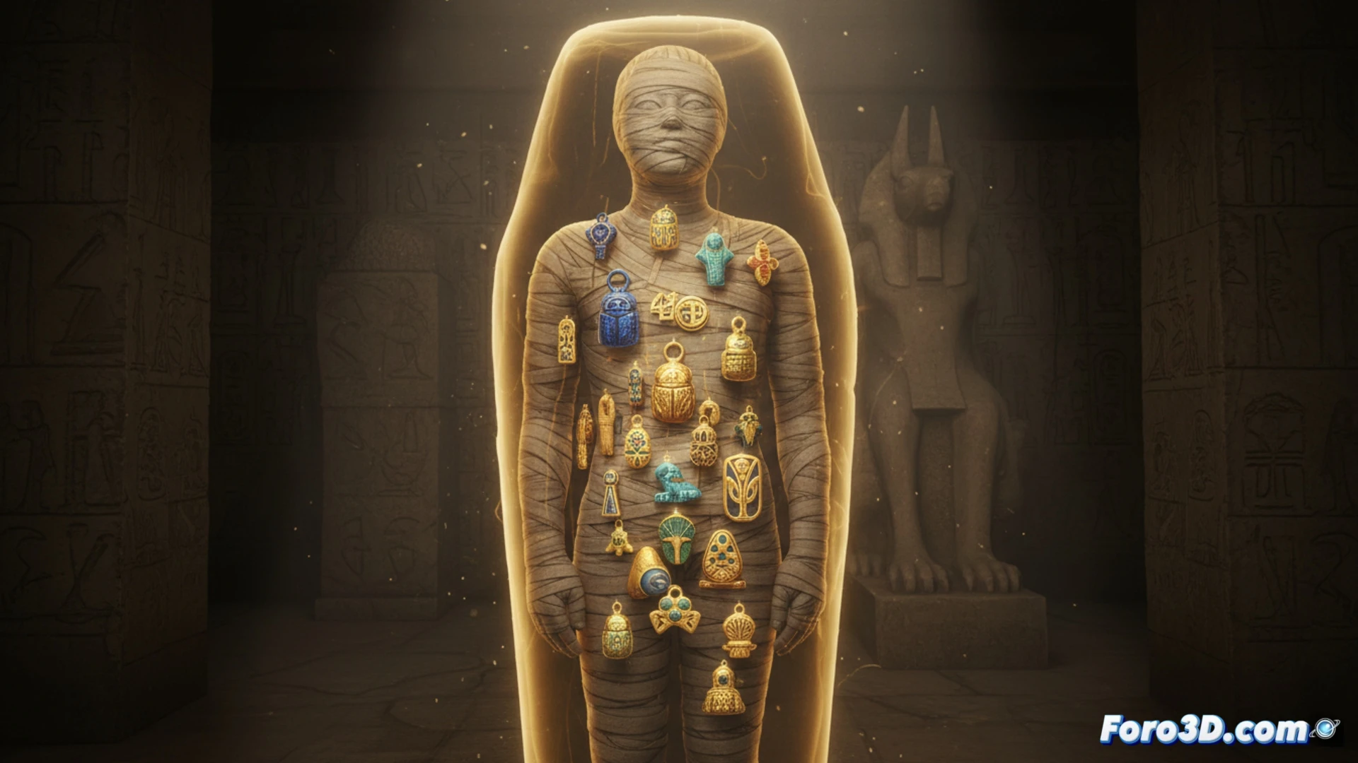 Imagen de una momia egipcia con un resplandor dorado, revelando 49 amuletos brillantes en su interior mediante un escaneo digital.