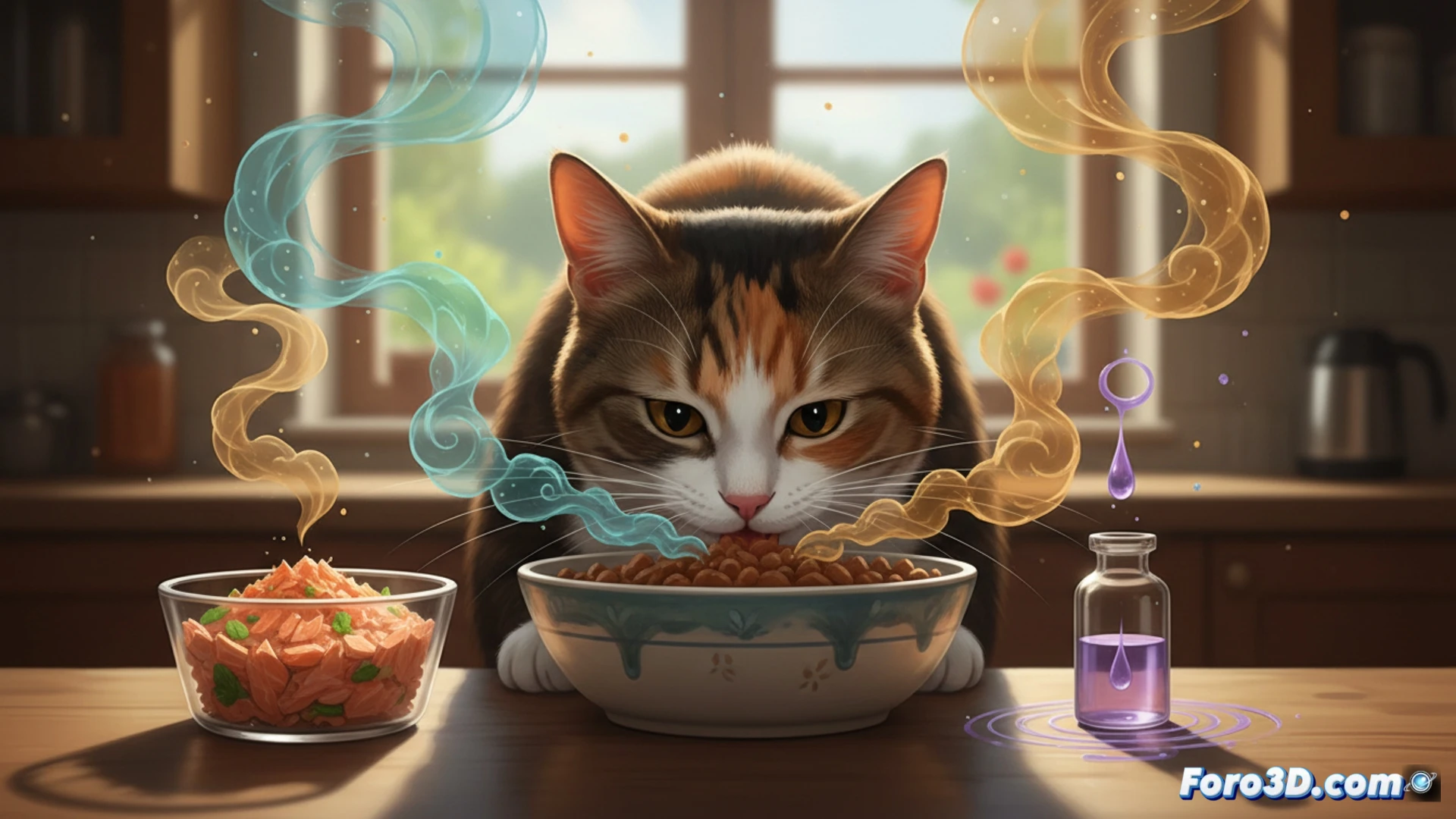 Representación 3D del sistema olfativo felino, mostrando cómo las moléculas de olor diferentes activan distintas regiones receptoras.