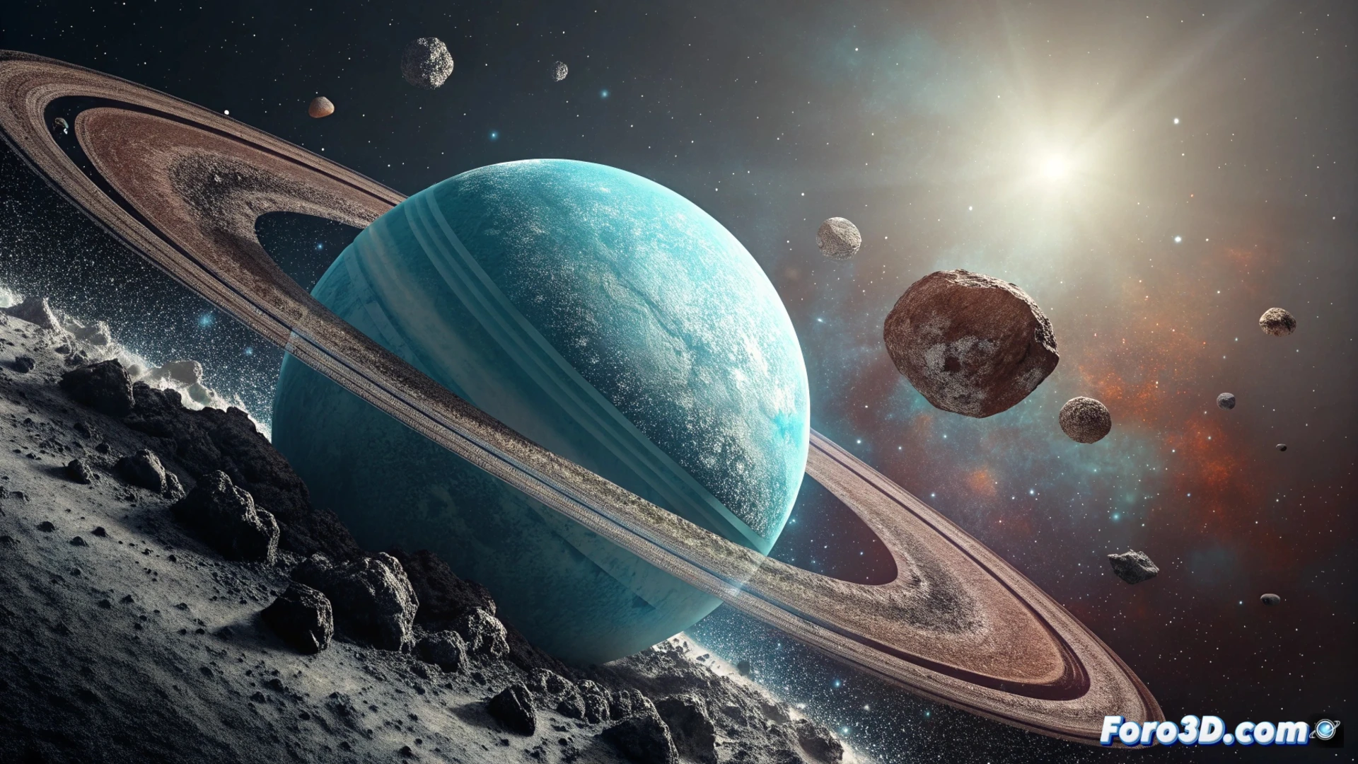 Una imagen de Urano con sus anillos tenues: el anillo Mu, azul y brillante cerca de una luna helada; el Nu, rojizo y polvoriento, más difuso. Fondo estelar y destellos de micrometeoritos.