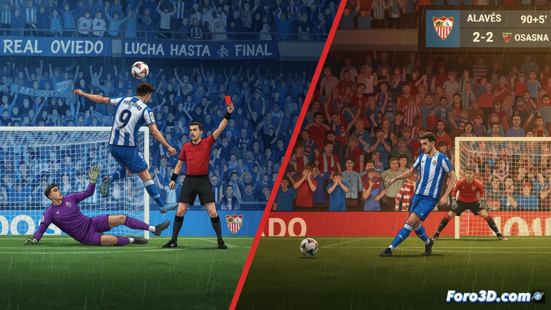 Un jugador del Oviedo celebra un gol frente a la afición, mientras un futbolista del Sevilla, con la cabeza baja, refleja la derrota que complica su permanencia.