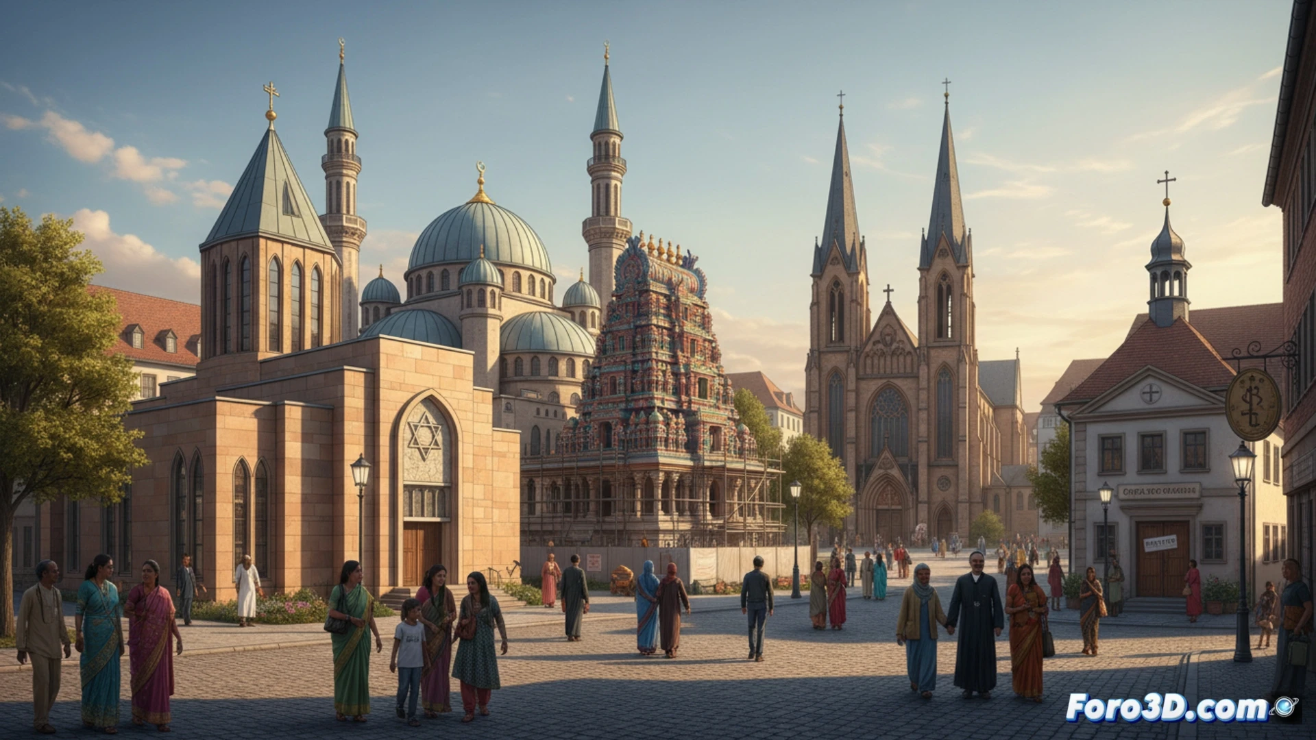 Una ciudad alemana con una iglesia cerrada, al lado una mezquita y una sinagoga en construcción.