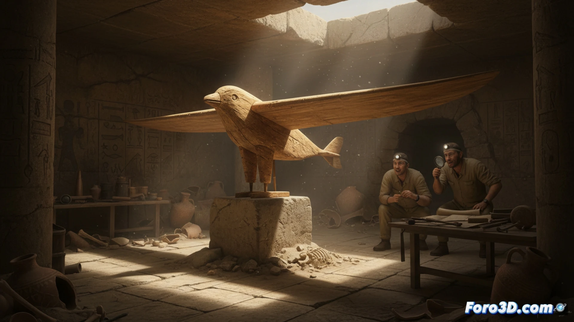 Réplica digital del Pájaro de Saqqara, mostrando sus formas aerodinámicas y análisis de flujo de aire simulando vuelo.