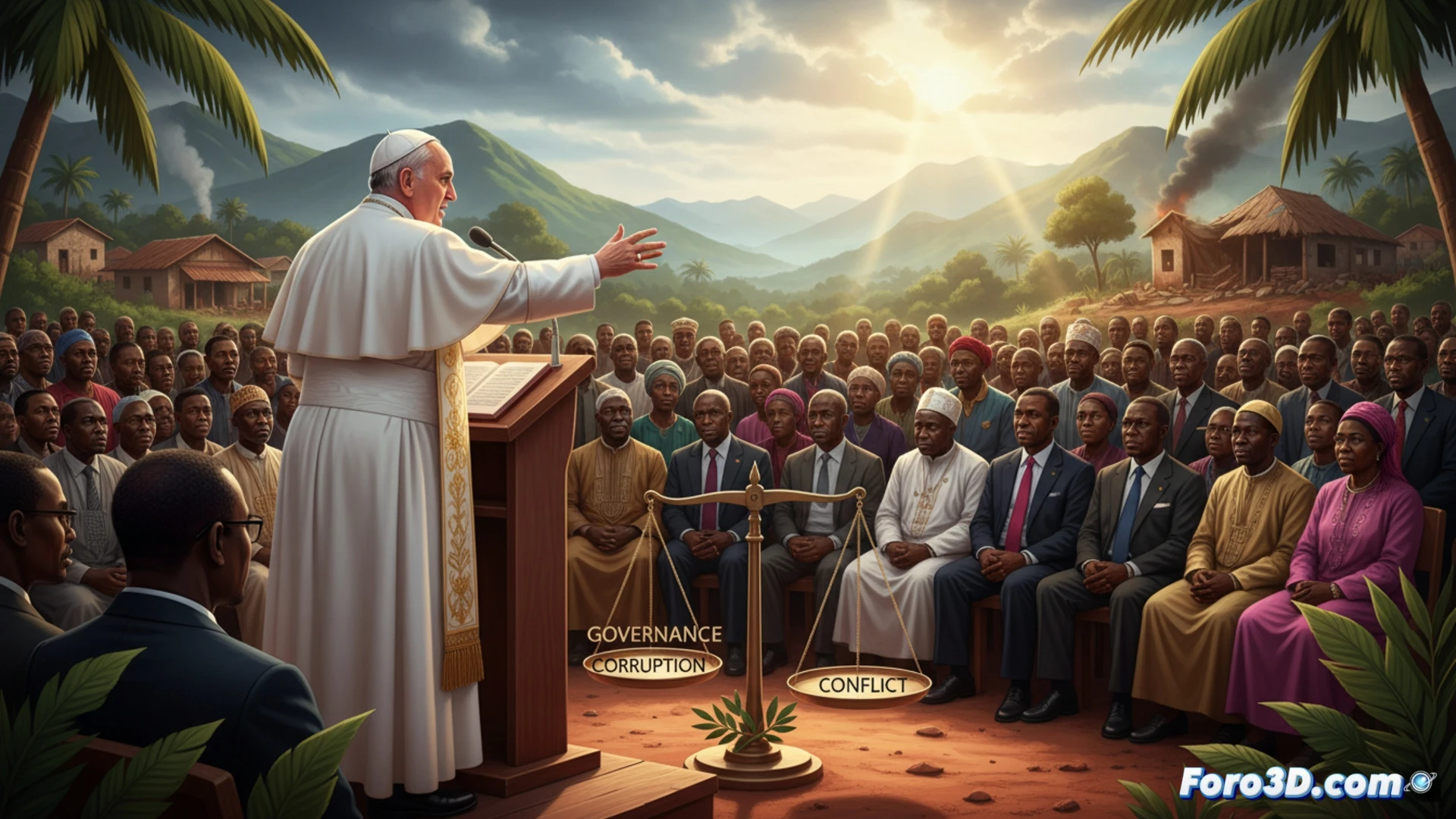 El Papa habla en Camerún ante líderes políticos, simbolizando un llamado a la transparencia y la reconciliación nacional.