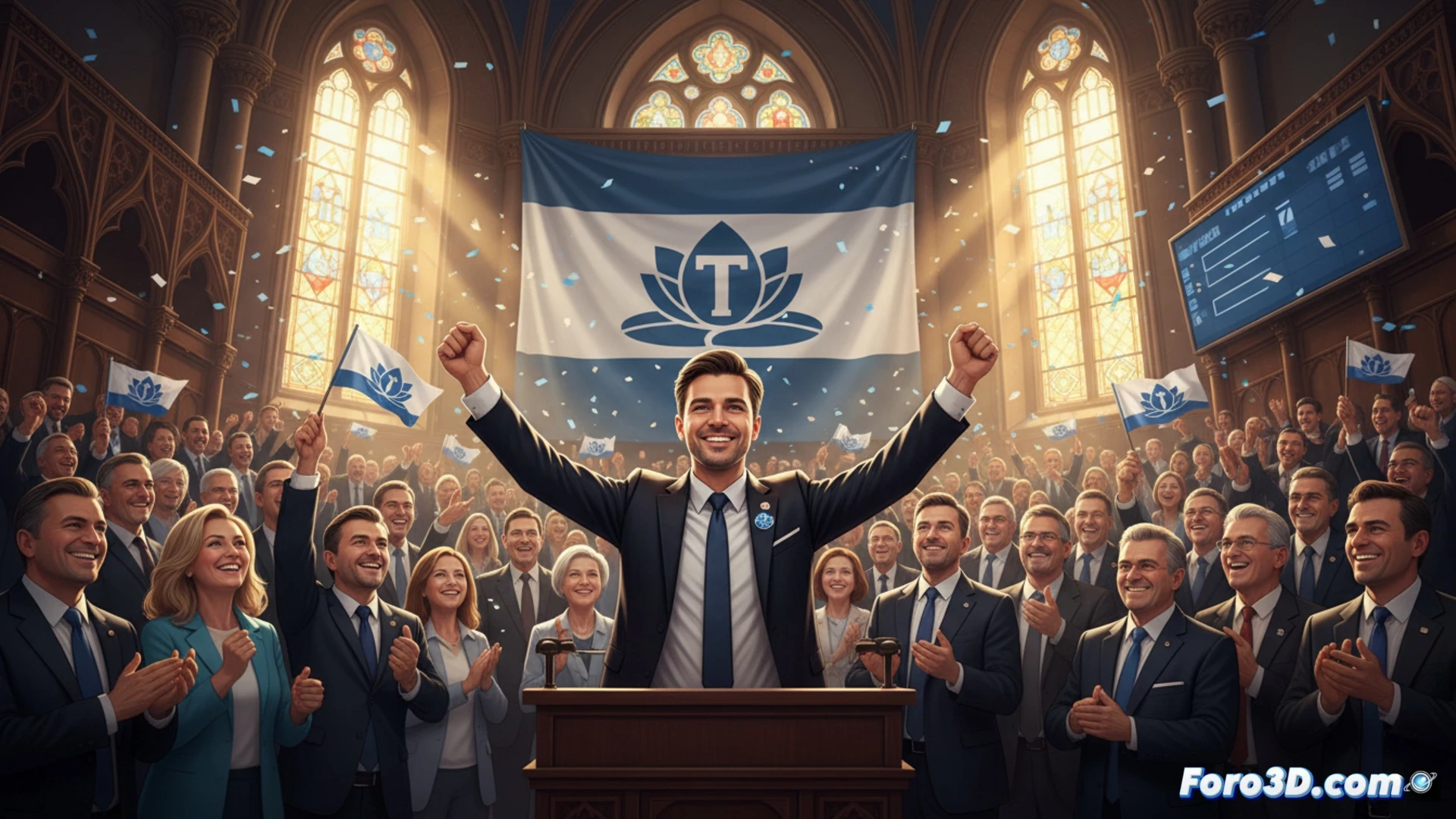 Un hombre celebra frente a una pantalla que muestra 'Tisza: 137 escaños' y un mapa electoral de Hungría.