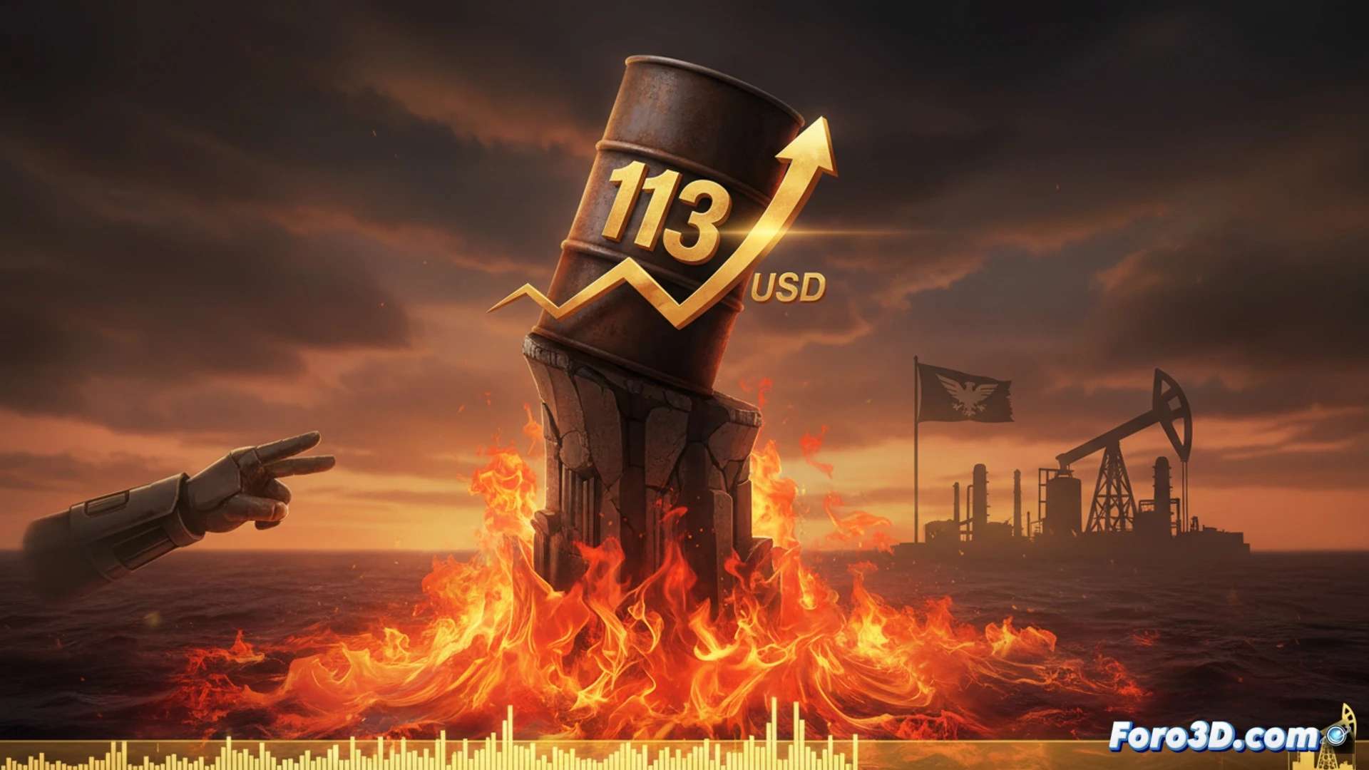 Gráfico de petróleo en alza con banderas de EE.UU. e Irán en tensión, reflejando volatilidad en mercados globales.