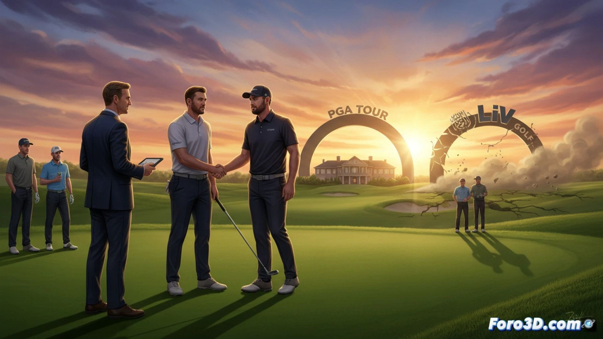 Un golfista observa un campo con dos caminos, uno hacia el PGA Tour y otro hacia el LIV Golf, en un atardecer incierto.