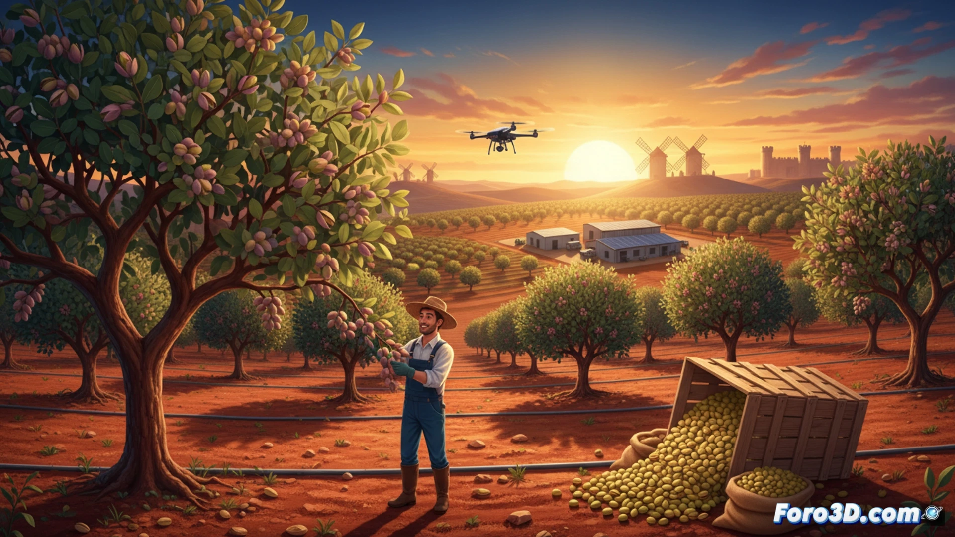 Un campo ondulado de Castilla-La Mancha, con hileras de pistachos verdes bajo un cielo azul intenso.