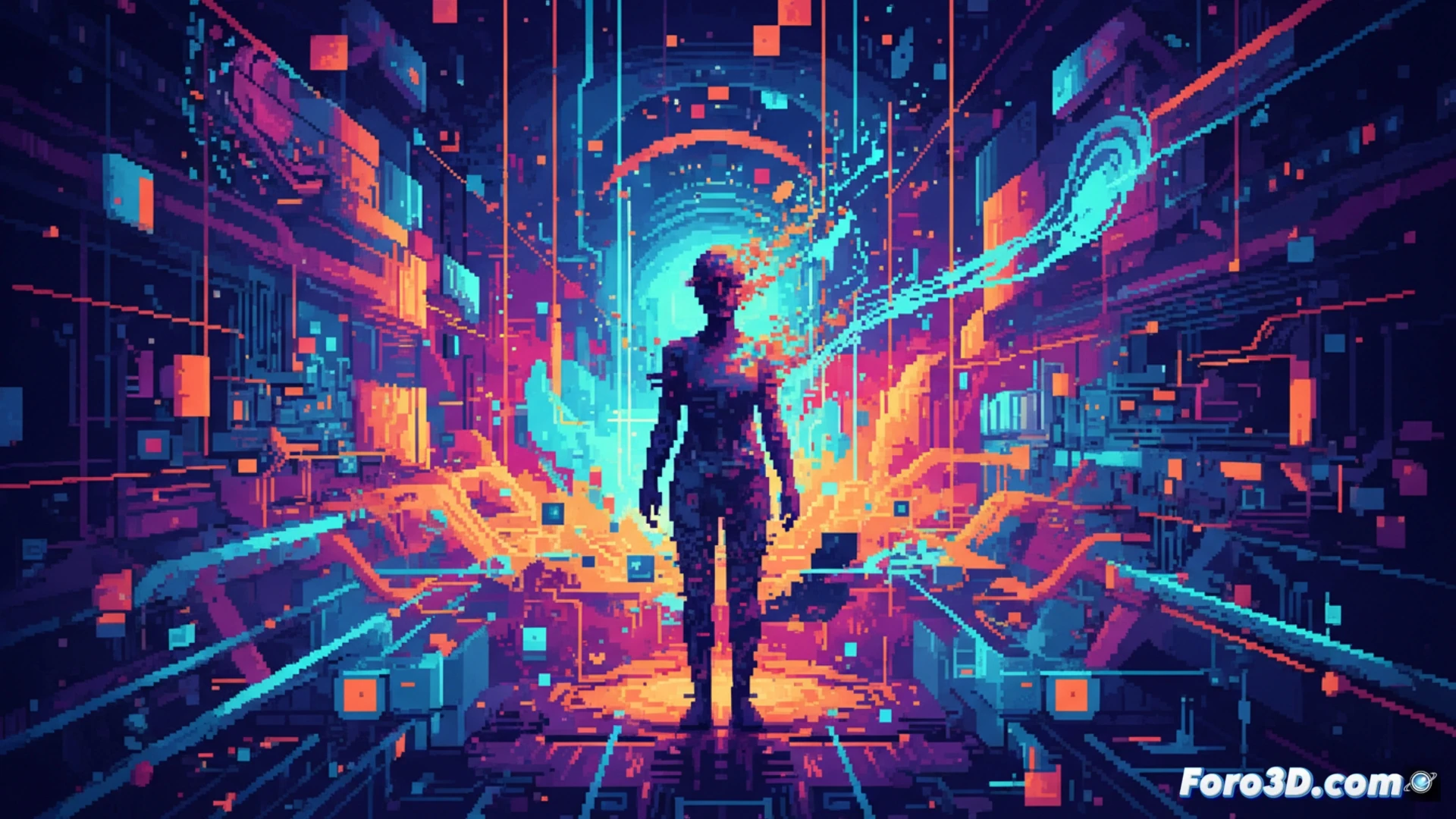 Una mano digital crea un mosaico de píxeles coloridos que forman un rostro abstracto y moderno.