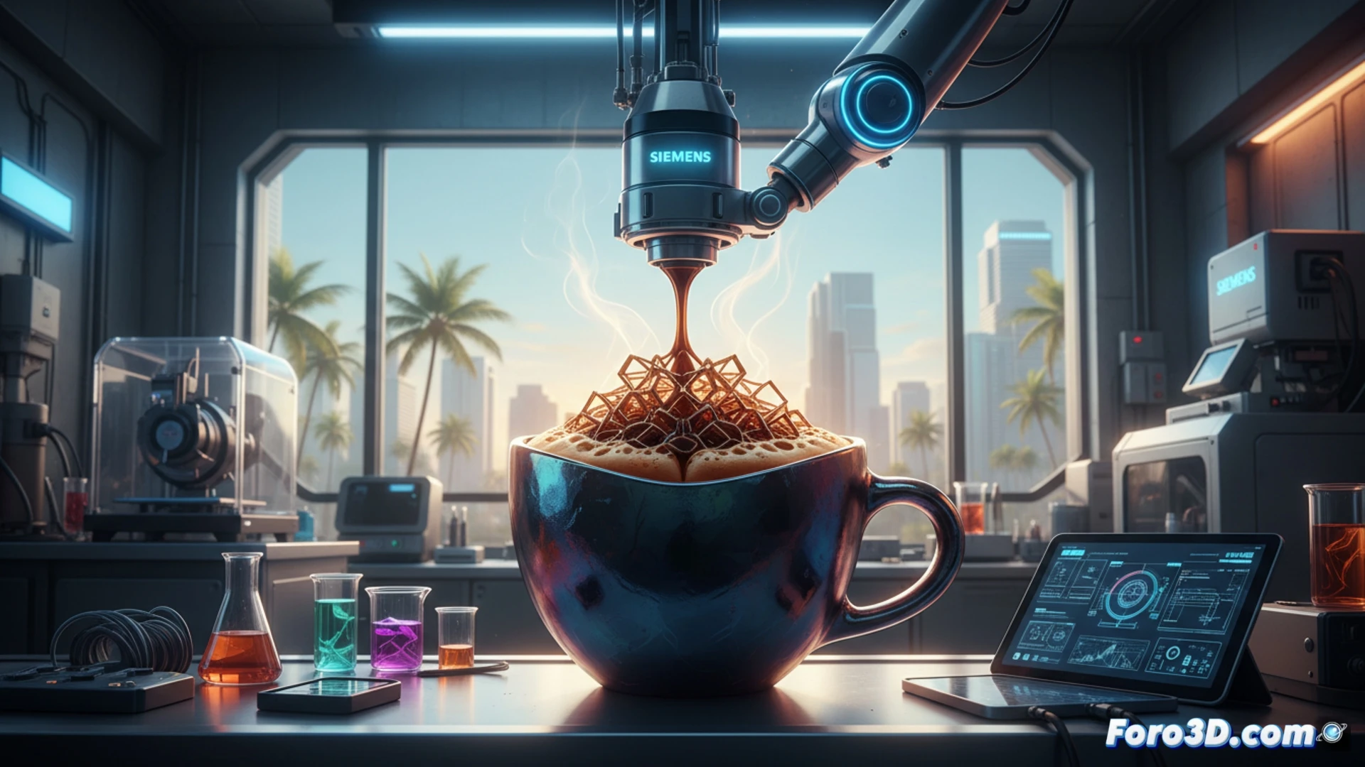 Una taza de café con un diseño geométrico complejo, creado capa por capa mediante una impresora 3D industrial.