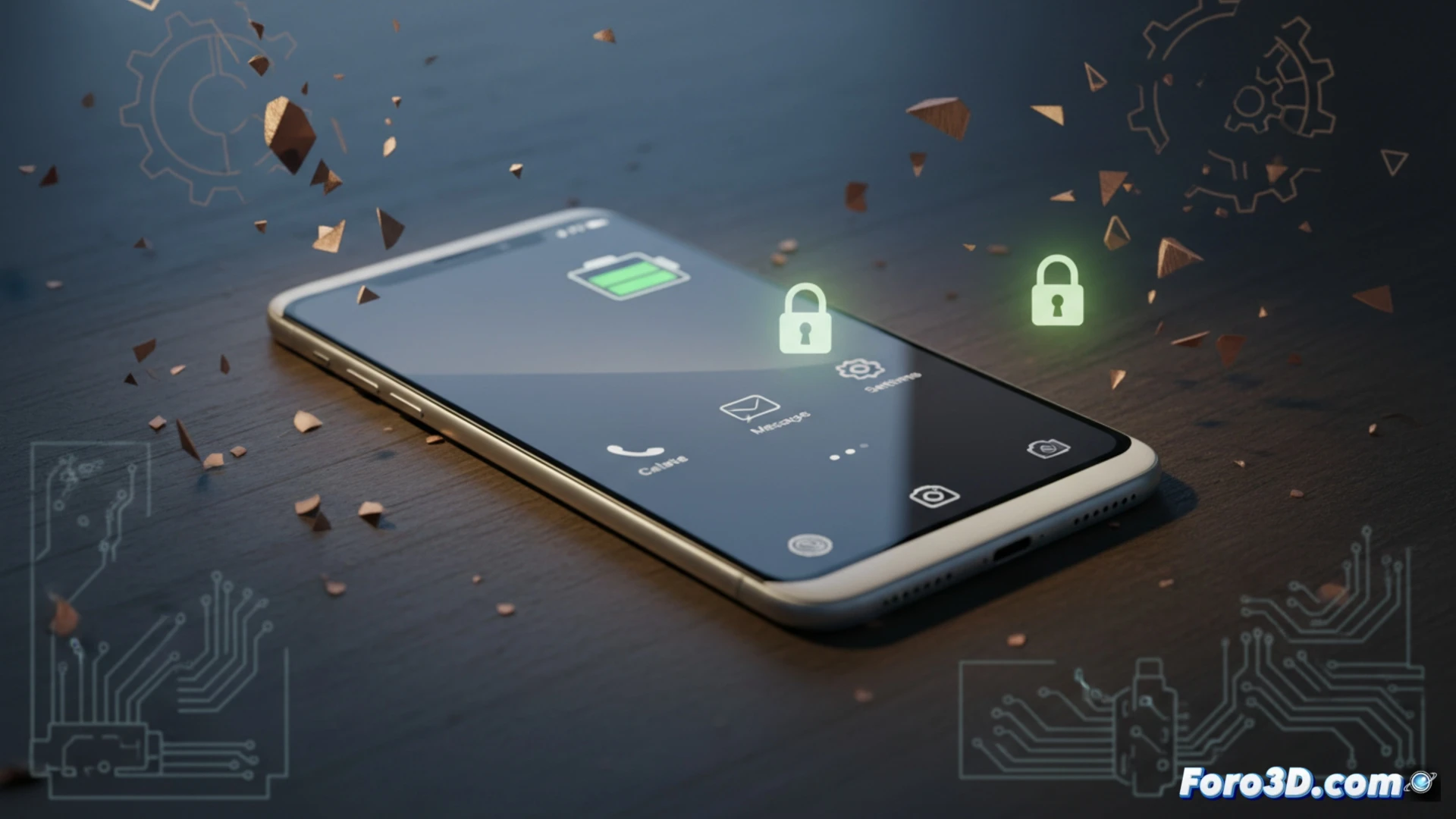 Un teléfono elegante y delgado sobre una mesa, con un diseño limpio y una batería de larga duración destacada.