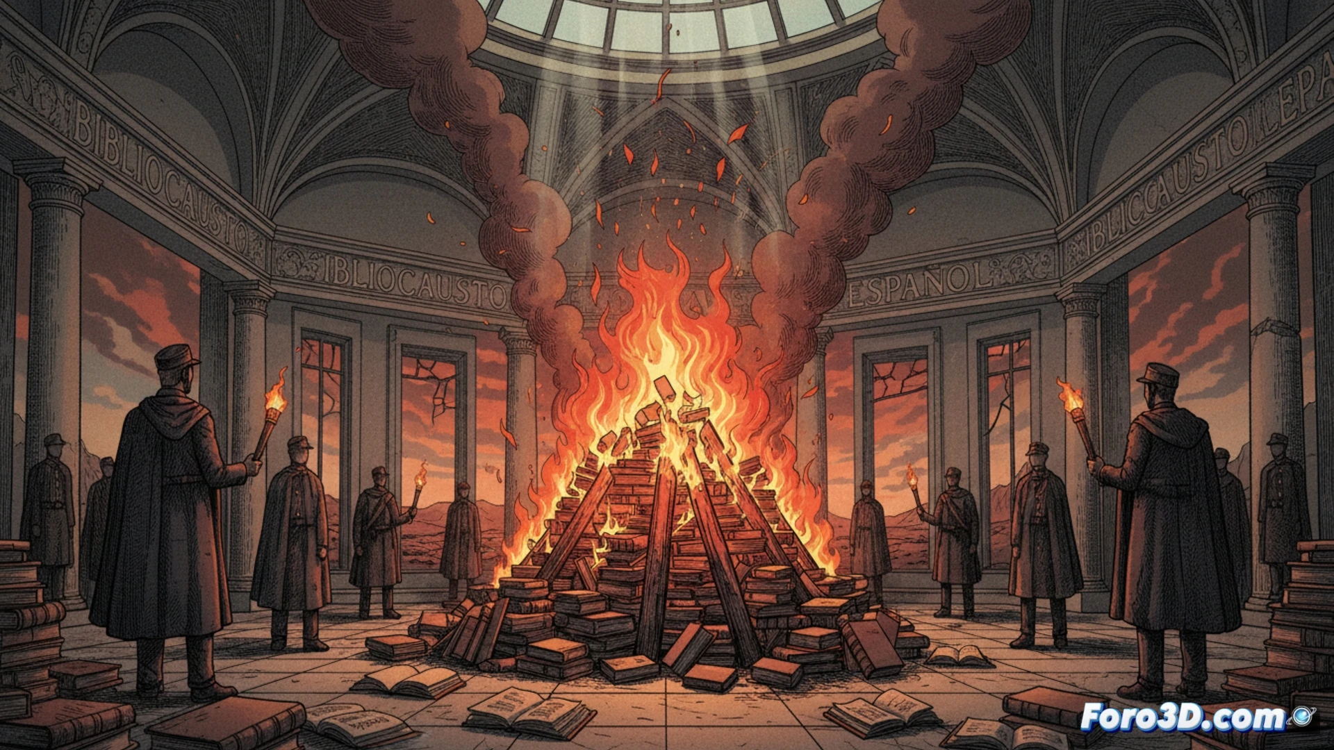 Una pila de libros quemándose, con una bandera franquista desvaneciéndose entre el humo.