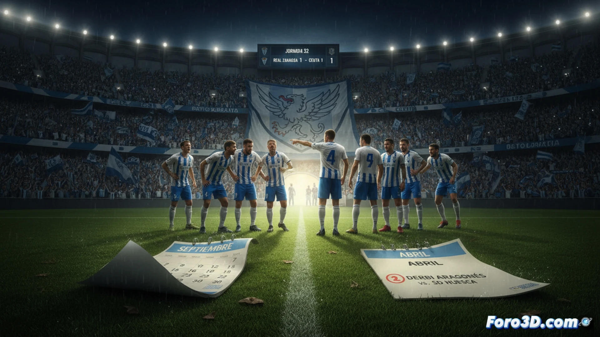 Un equipo de fútbol con camiseta blanca salta junto a su afición, celebrando un empate crucial. Al fondo, el marcador muestra 1-1 y el lema 'salida del descenso' en letras doradas.