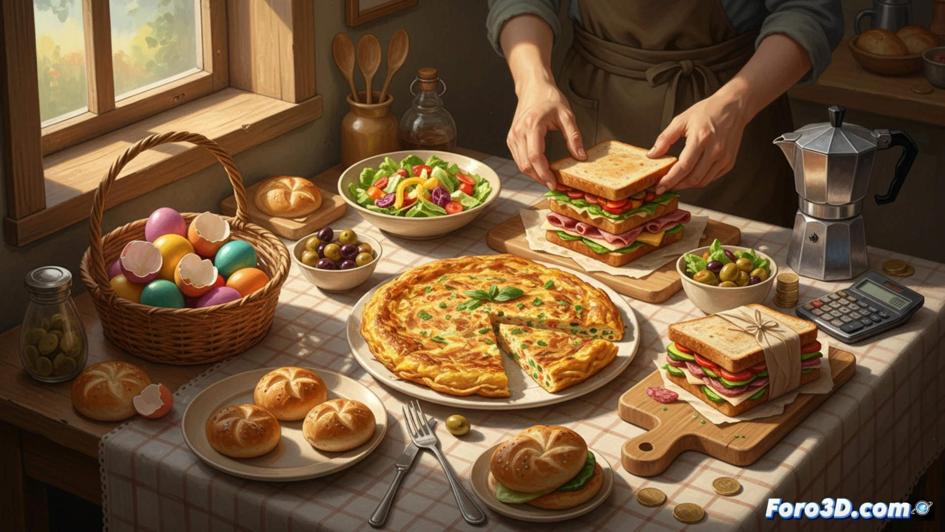 Una familia italiana reciclando sobras de Pascua en una cocina, simbolizando el ahorro nacional.