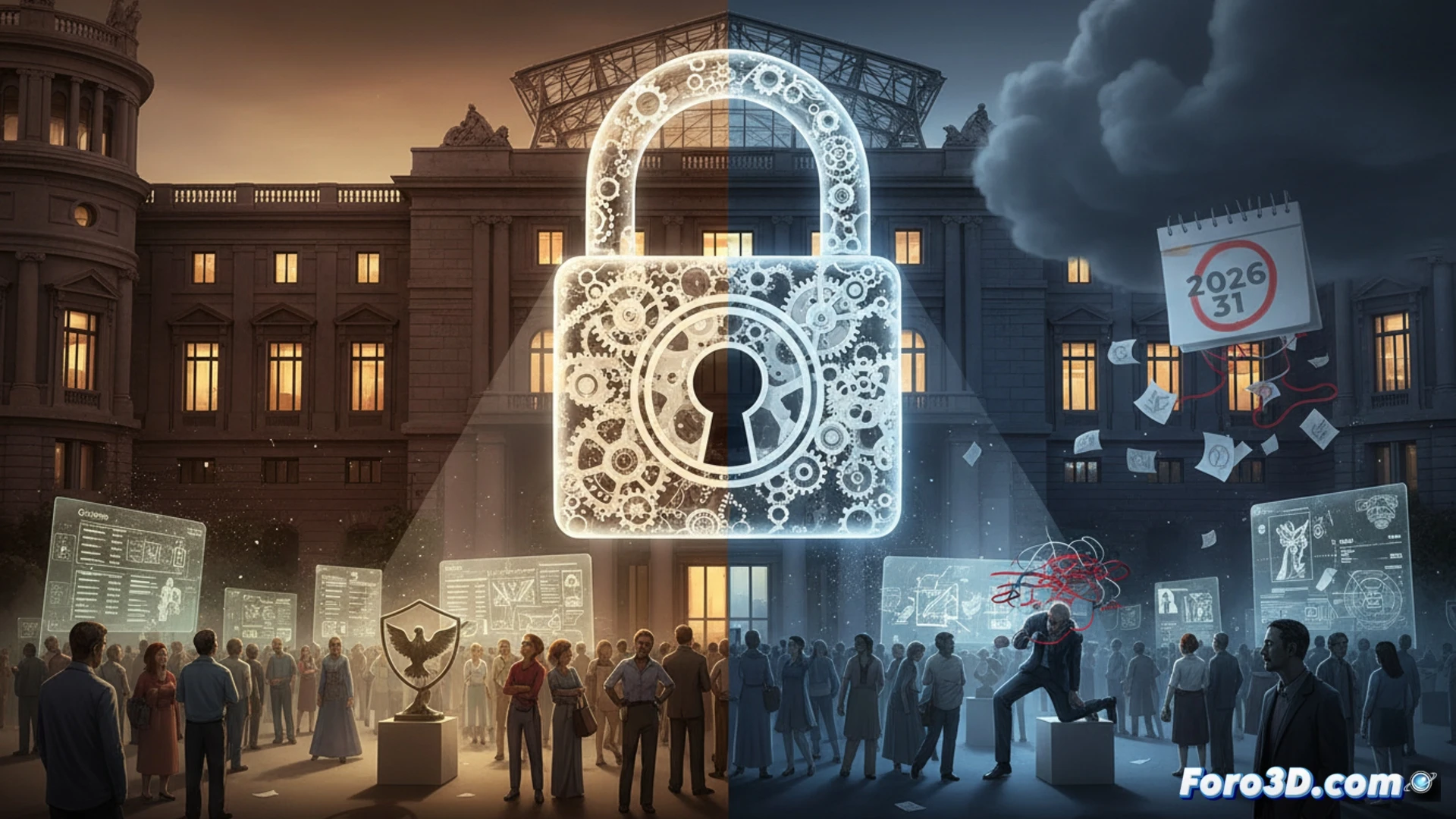 Un funcionario revisa inventario bajo un calendario marcado hasta 2026, con la sombra de una intervención política.