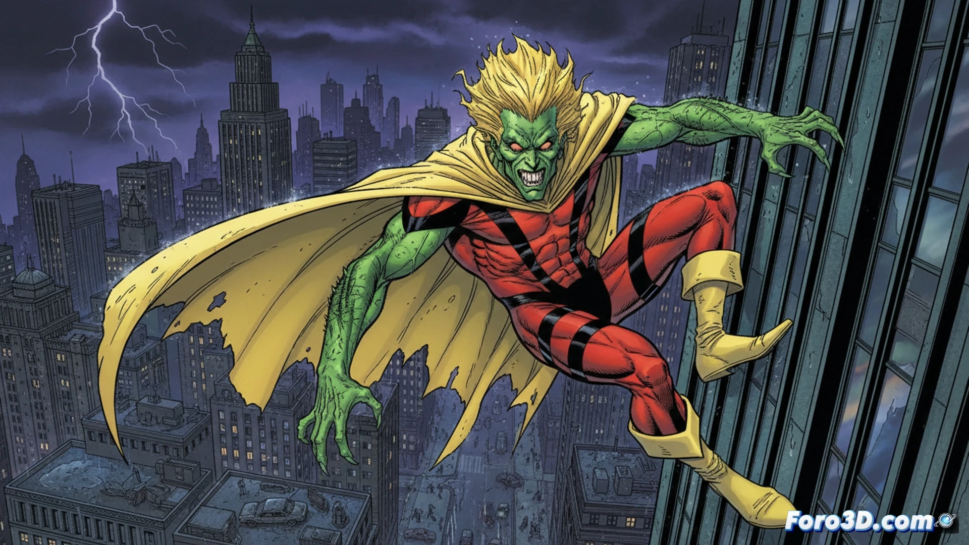 Un hombre en un traje escamoso verde y naranja, acechando entre sombras en un paisaje urbano nocturno.