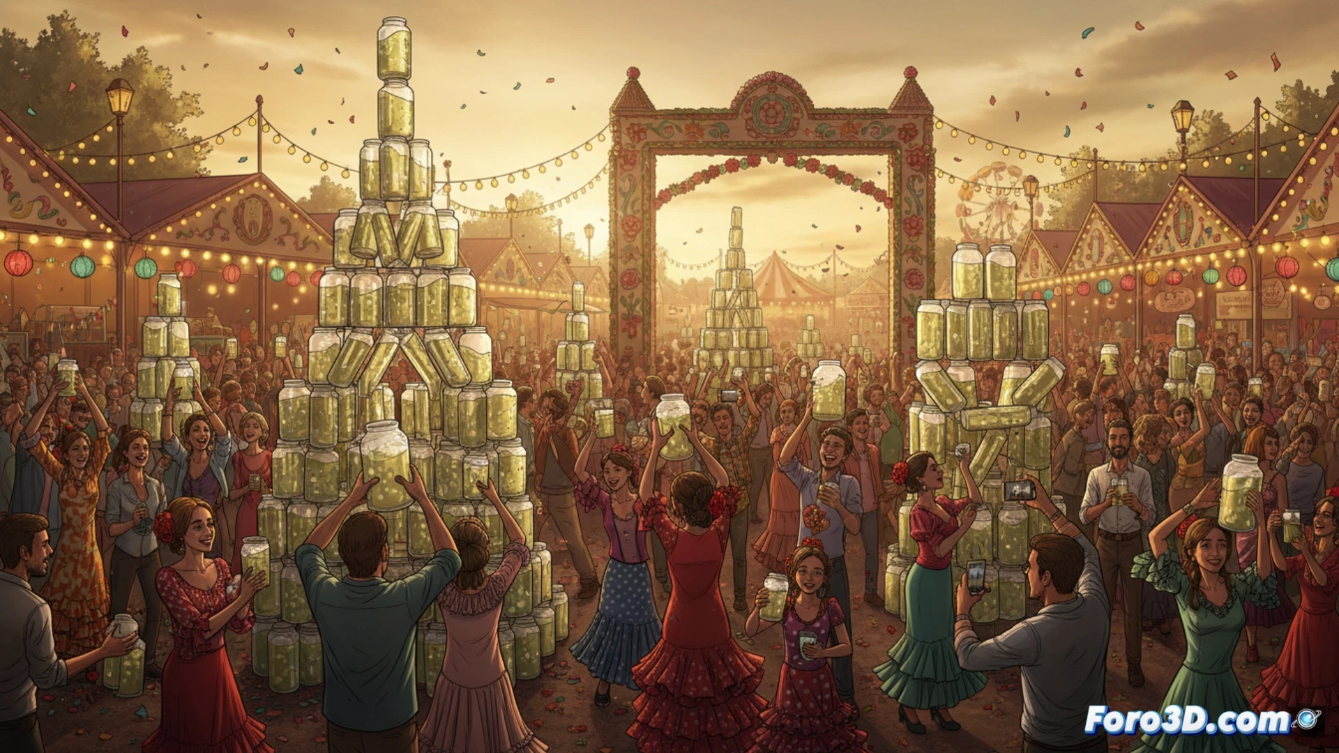 El reto viral de castillos con jarras de rebujito arrasa en la Feria