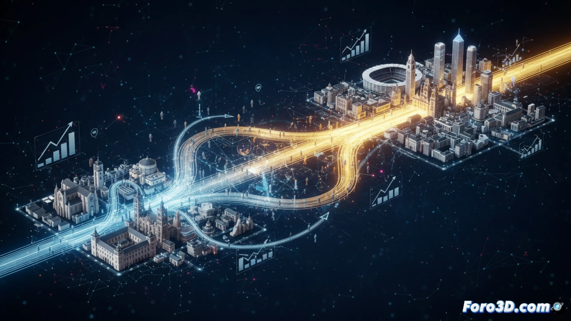 Infografía 3D animada del flujo migratorio entre Valladolid y Madrid, con flechas y datos de población