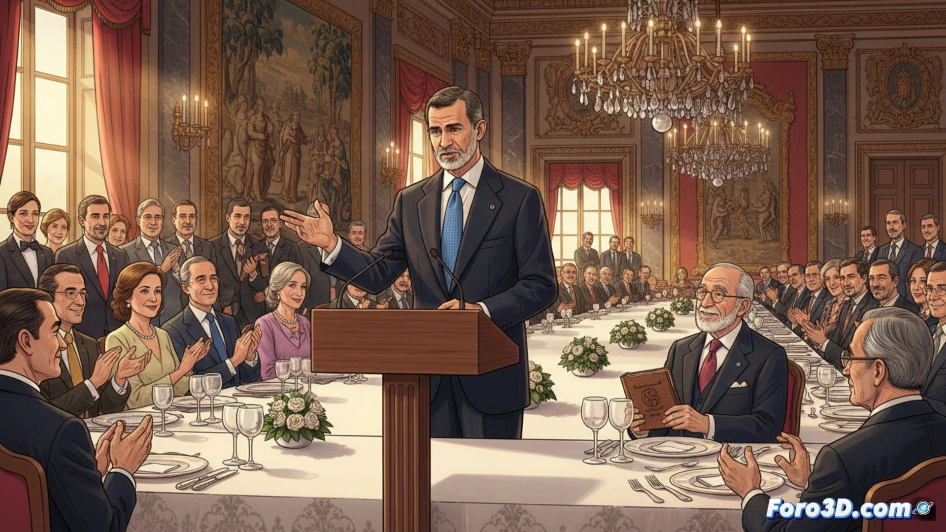 El Rey Felipe VI brinda un discurso en el Palacio Real durante un almuerzo en honor al escritor Gonzalo Celorio.