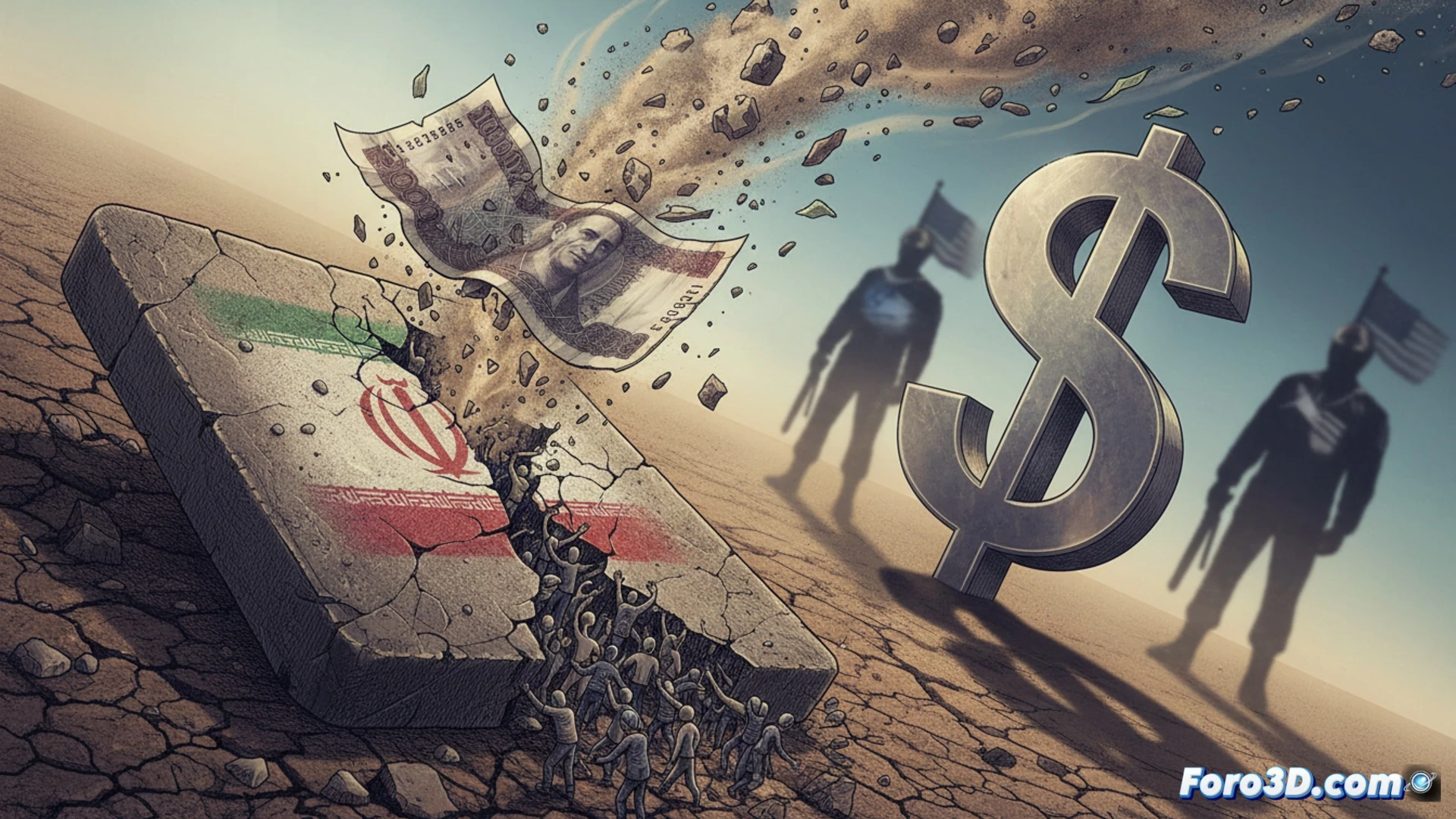 Un billete de rial iraní arrugado yace sobre un montón de dólares verdes, con el número 1,8 millones escrito en rojo, simbolizando la crisis económica.