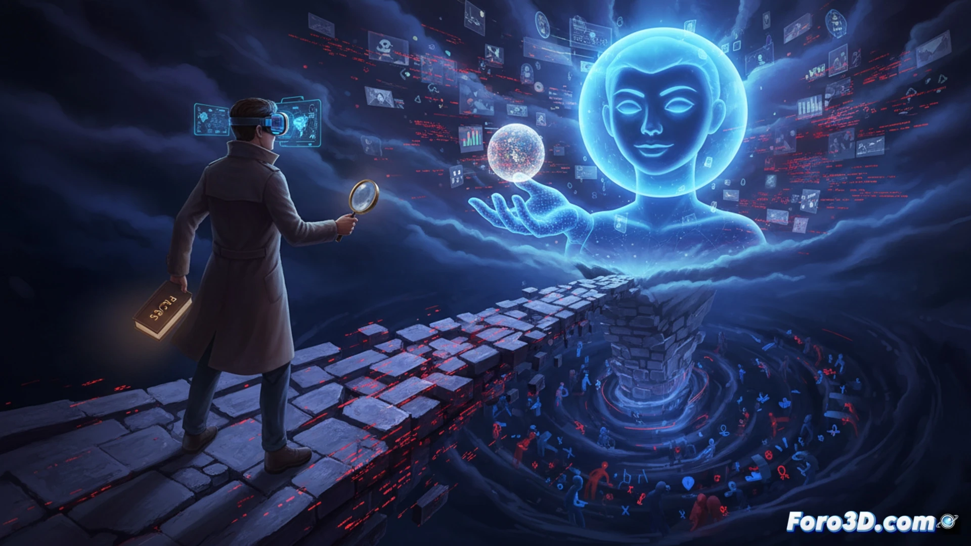 Una persona confía en una pantalla con texto de IA, mientras datos falsos se propagan como sombras tras ella.