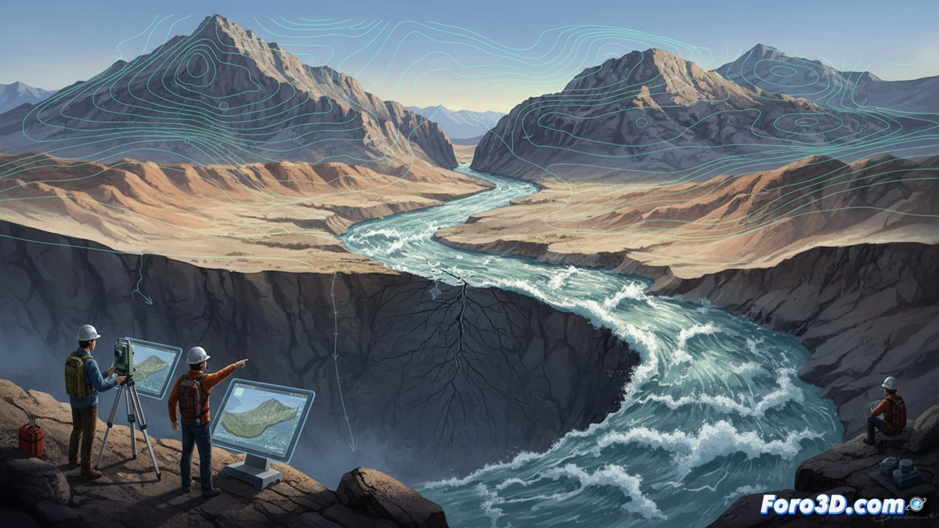 Modelo 3D del terreno mostrando la cordillera Uinta hundiendose y la ruta del rio Green a traves de ella.