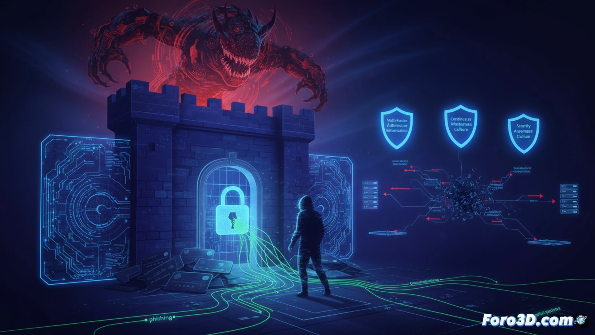 Una mano con una llave falsa abre una cerradura digital, simbolizando el acceso ilegítimo mediante credenciales robadas.