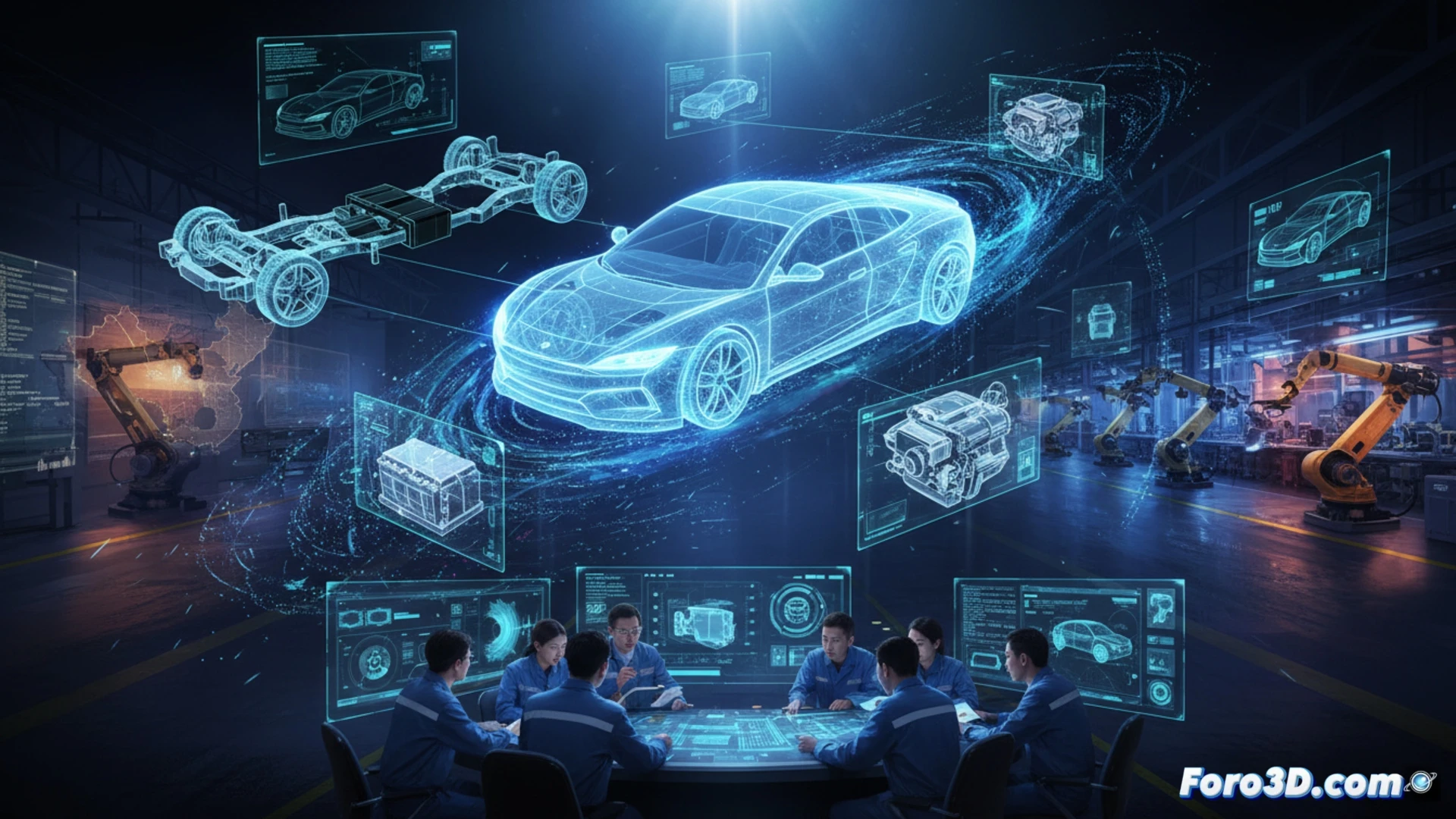 Ingeniero chino analizando un modelo 3D detallado de un chasis de automovil en una estacion de trabajo de alto rendimiento.