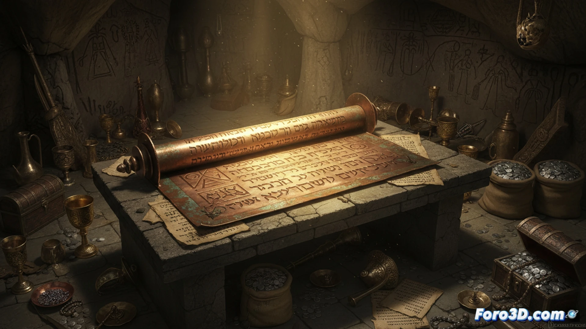 Reconstrucción digital 3D del fragmentado Rollo de Cobre, mostrando el texto hebreo descifrado sobre un modelo de su estructura original.