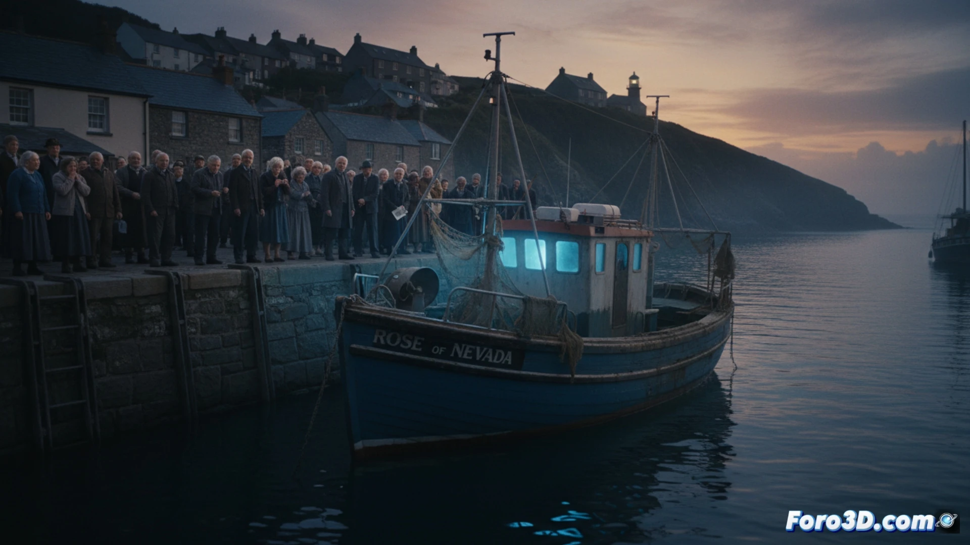 Un barco pesquero oxidado pero intacto, el Rose of Nevada, atraca en un muelle iluminado por el ocaso, mientras tres figuras observan atónitas.